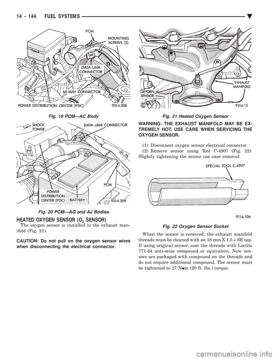 CHEVROLET PLYMOUTH ACCLAIM 1993 Service Manual HEATED OXYGEN SENSOR (O2SENSOR)
The oxygen sensor is installed in the exhaust man-
ifold (Fig. 21).
CAUTION: Do not pull on the oxygen sensor wires
when disconnecting the electrical connector. WAR CHEVROLET PLYMOUTH ACCLAIM 1993 Service Manual HEATED OXYGEN SENSOR (O2SENSOR)
The oxygen sensor is installed in the exhaust man-
ifold (Fig. 21).
CAUTION: Do not pull on the oxygen sensor wires
when disconnecting the electrical connector. WAR