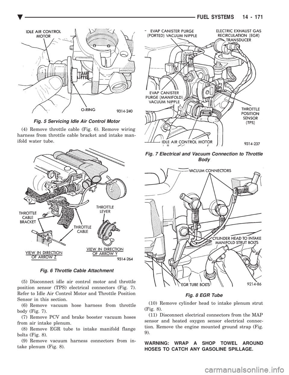CHEVROLET PLYMOUTH ACCLAIM 1993 Service Manual (4) Remove throttle cable (Fig. 6). Remove wiring
harness from throttle cable bracket and intake man-
ifold water tube.
(5) Disconnect idle air control motor and throttle
position sensor (TPS) elec CHEVROLET PLYMOUTH ACCLAIM 1993 Service Manual (4) Remove throttle cable (Fig. 6). Remove wiring
harness from throttle cable bracket and intake man-
ifold water tube.
(5) Disconnect idle air control motor and throttle
position sensor (TPS) elec