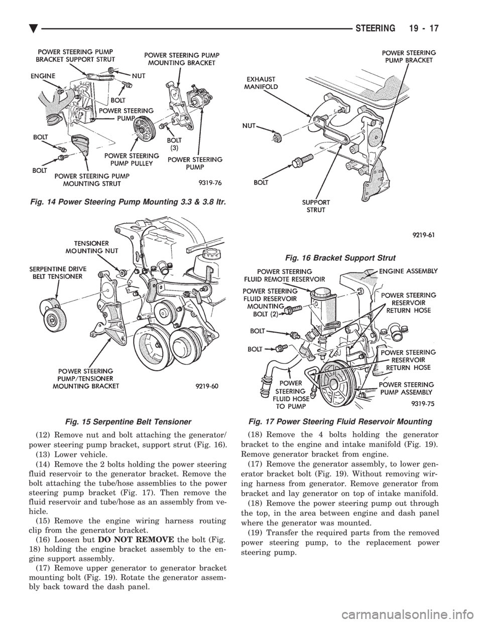 CHEVROLET PLYMOUTH ACCLAIM 1993 Service Manual (12) Remove nut and bolt attaching the generator/
power steering pump bracket, support strut (Fig. 16). (13) Lower vehicle.
(14) Remove the 2 bolts holding the power steering
fluid reservoir to the CHEVROLET PLYMOUTH ACCLAIM 1993 Service Manual (12) Remove nut and bolt attaching the generator/
power steering pump bracket, support strut (Fig. 16). (13) Lower vehicle.
(14) Remove the 2 bolts holding the power steering
fluid reservoir to the