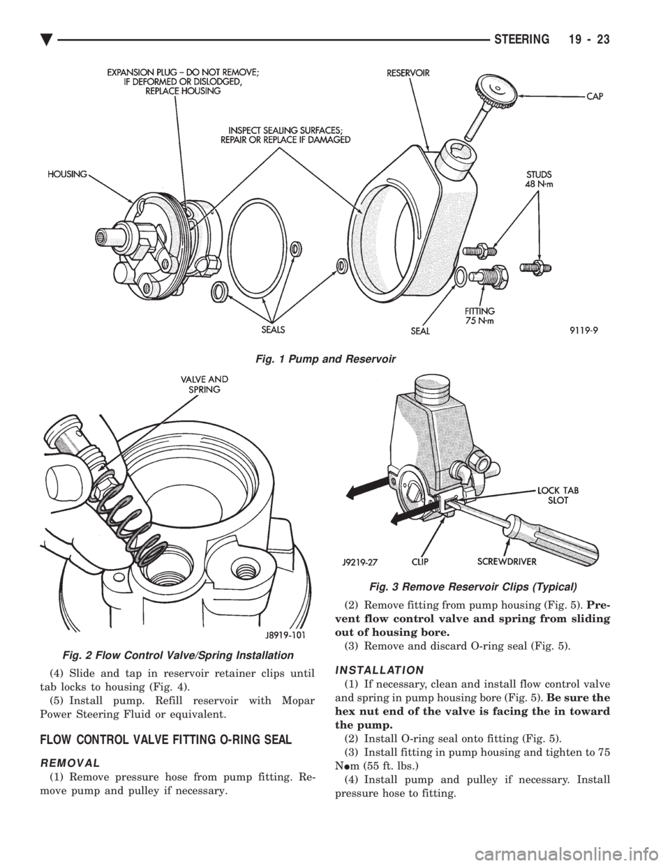 CHEVROLET PLYMOUTH ACCLAIM 1993 Service Manual (4) Slide and tap in reservoir retainer clips until
tab locks to housing (Fig. 4). (5) Install pump. Refill reservoir with Mopar
Power Steering Fluid or equivalent.
FLOW CONTROL VALVE FITTING O-RING CHEVROLET PLYMOUTH ACCLAIM 1993 Service Manual (4) Slide and tap in reservoir retainer clips until
tab locks to housing (Fig. 4). (5) Install pump. Refill reservoir with Mopar
Power Steering Fluid or equivalent.
FLOW CONTROL VALVE FITTING O-RING