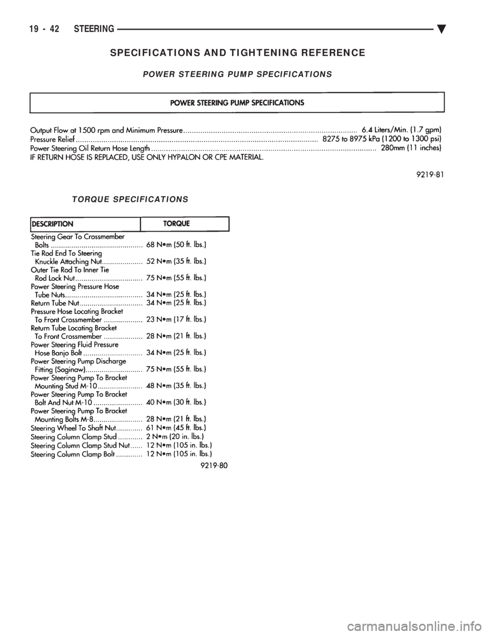 CHEVROLET PLYMOUTH ACCLAIM 1993 Service Manual SPECIFICATIONS AND TIGHTENING REFERENCE
POWER STEERING PUMP SPECIFICATIONS
TORQUE SPECIFICATIONS
19 - 42 STEERING Ä CHEVROLET PLYMOUTH ACCLAIM 1993 Service Manual SPECIFICATIONS AND TIGHTENING REFERENCE
POWER STEERING PUMP SPECIFICATIONS
TORQUE SPECIFICATIONS
19 - 42 STEERING Ä