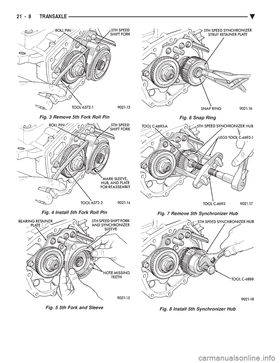 CHEVROLET PLYMOUTH ACCLAIM 1993 Service Manual Fig. 3 Remove 5th Fork Roll Pin
Fig. 4 Install 5th Fork Roll Pin
Fig. 5 5th Fork and Sleeve
Fig. 6 Snap Ring
Fig. 7 Remove 5th Synchronizer Hub
Fig. 8 Install 5th Synchronizer Hub
21 - 8 TRANSAXLE Ä CHEVROLET PLYMOUTH ACCLAIM 1993 Service Manual Fig. 3 Remove 5th Fork Roll Pin
Fig. 4 Install 5th Fork Roll Pin
Fig. 5 5th Fork and Sleeve
Fig. 6 Snap Ring
Fig. 7 Remove 5th Synchronizer Hub
Fig. 8 Install 5th Synchronizer Hub
21 - 8 TRANSAXLE Ä