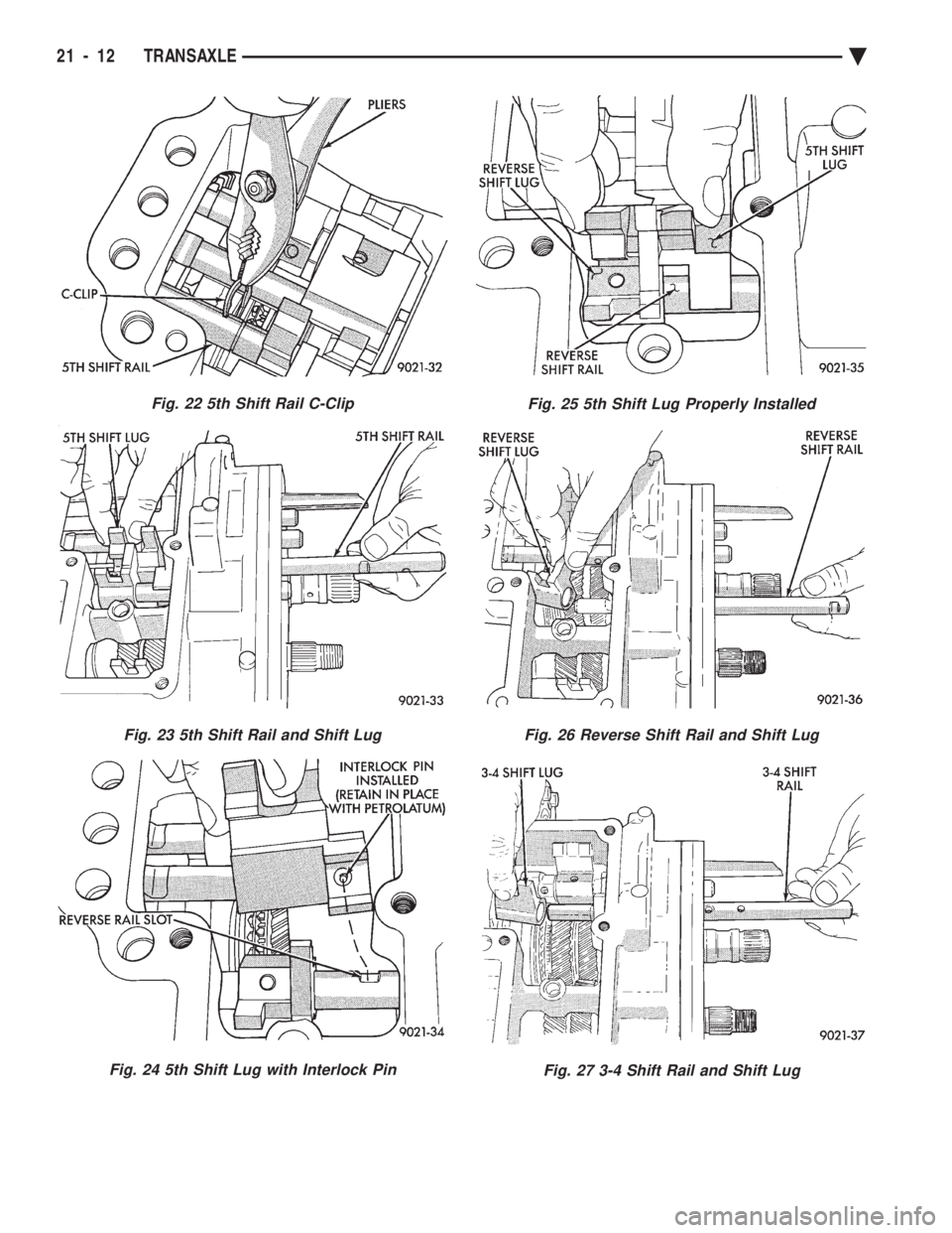 CHEVROLET PLYMOUTH ACCLAIM 1993  Service Manual Fig. 22 5th Shift Rail C-Clip
Fig. 23 5th Shift Rail and Shift Lug
Fig. 24 5th Shift Lug with Interlock Pin
Fig. 25 5th Shift Lug Properly Installed
Fig. 26 Reverse Shift Rail and Shift Lug
Fig. 27 3-