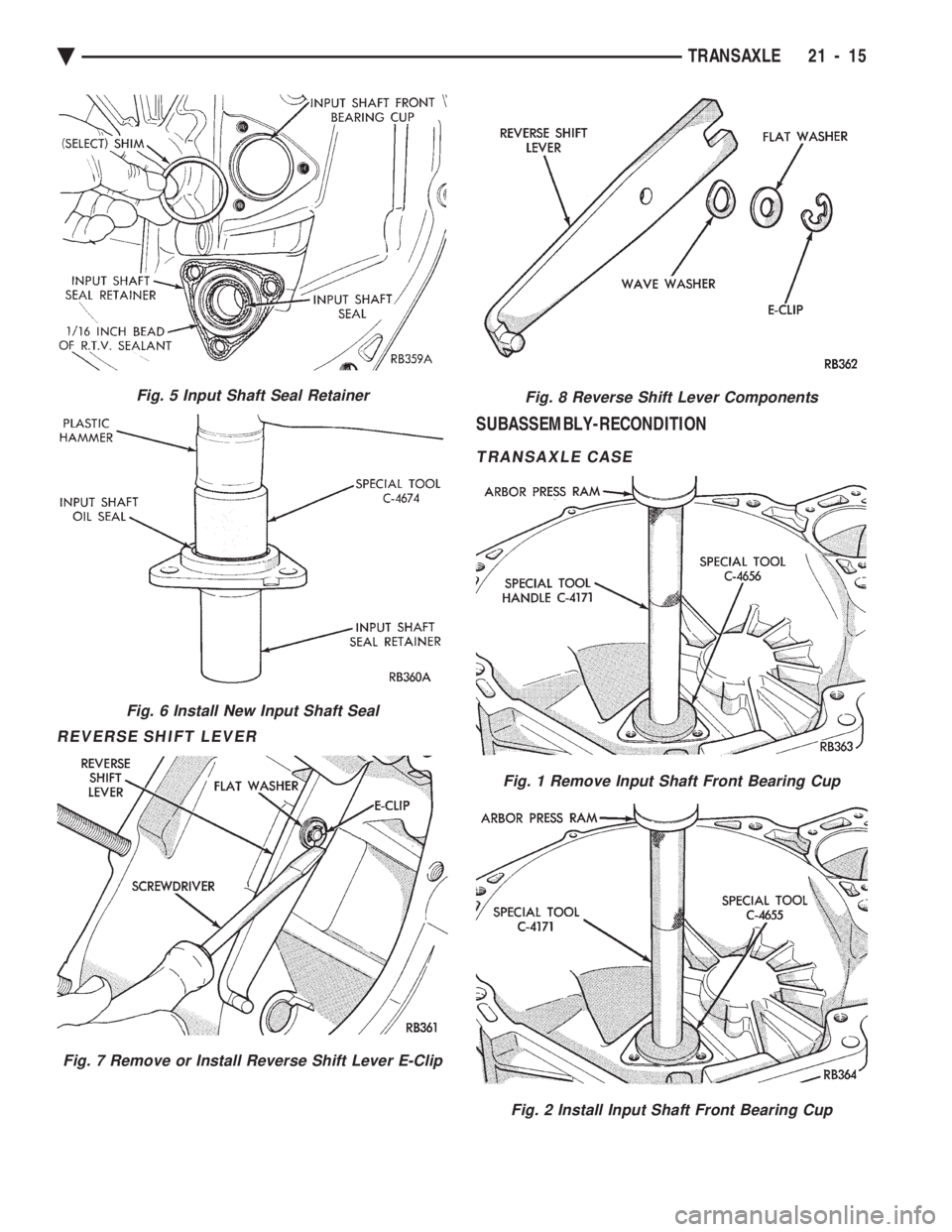 CHEVROLET PLYMOUTH ACCLAIM 1993  Service Manual REVERSE SHIFT LEVER
SUBASSEMBLY-RECONDITION
TRANSAXLE CASE
Fig. 6 Install New Input Shaft Seal
Fig. 7 Remove or Install Reverse Shift Lever E-Clip
Fig. 8 Reverse Shift Lever Components
Fig. 1 Remove I