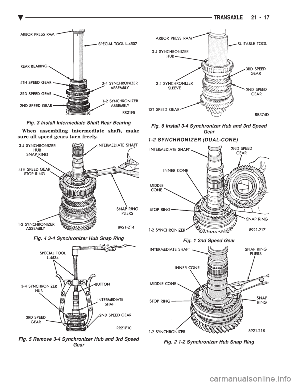 CHEVROLET PLYMOUTH ACCLAIM 1993  Service Manual When assembling intermediate shaft, make 
sure all speed gears turn freely.
1-2 SYNCHRONIZER (DUAL-CONE)
Fig. 6 Install 3-4 Synchronizer Hub and 3rd Speed Gear
Fig. 1 2nd Speed Gear
Fig. 2 1-2 Synchro