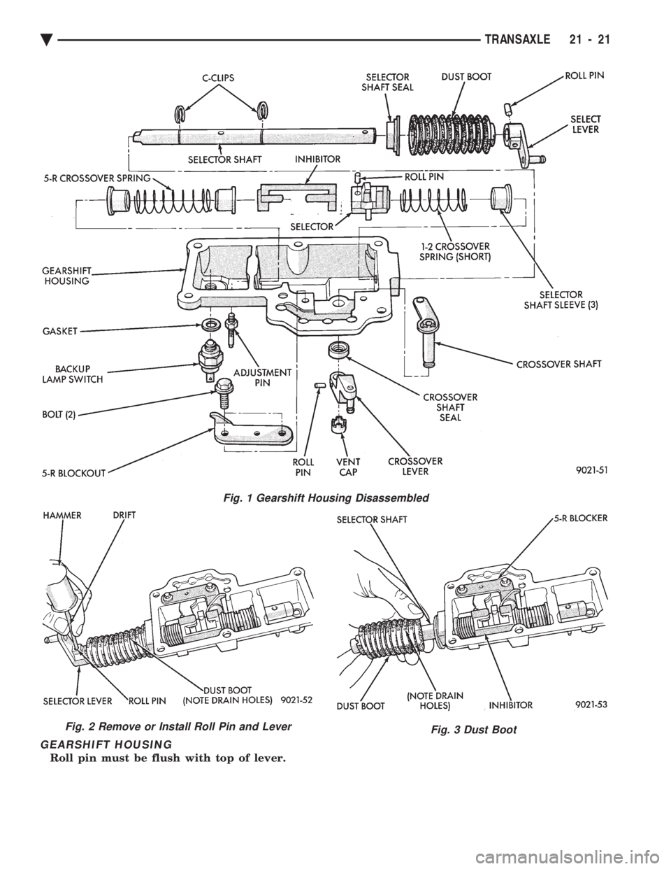CHEVROLET PLYMOUTH ACCLAIM 1993  Service Manual GEARSHIFT HOUSING
Roll pin must be flush with top of lever.
Fig. 1 Gearshift Housing Disassembled
Fig. 2 Remove or Install Roll Pin and LeverFig. 3 Dust Boot
Ä TRANSAXLE 21 - 21 