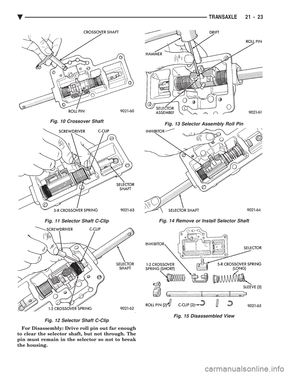 CHEVROLET PLYMOUTH ACCLAIM 1993  Service Manual For Disassembly: Drive roll pin out far enough 
to clear the selector shaft, but not through. The
pin must remain in the selector so not to break
the housing.
Fig. 10 Crossover Shaft
Fig. 11 Selector 