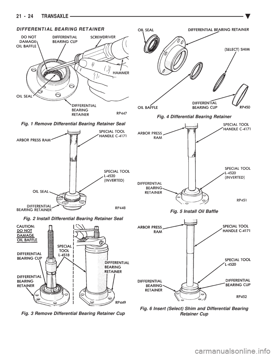 CHEVROLET PLYMOUTH ACCLAIM 1993  Service Manual DIFFERENTIAL BEARING RETAINER
Fig. 1 Remove Differential Bearing Retainer Seal
Fig. 2 Install Differential Bearing Retainer Seal
Fig. 3 Remove Differential Bearing Retainer Cup
Fig. 4 Differential Bea