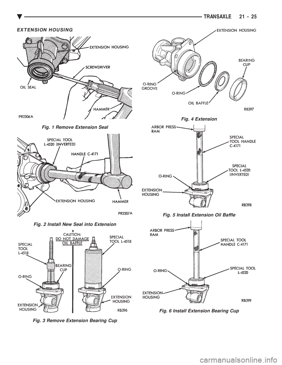 CHEVROLET PLYMOUTH ACCLAIM 1993  Service Manual EXTENSION HOUSING
Fig. 1 Remove Extension Seal
Fig. 2 Install New Seal into Extension
Fig. 3 Remove Extension Bearing Cup
Fig. 4 Extension
Fig. 5 Install Extension Oil Baffle
Fig. 6 Install Extension 