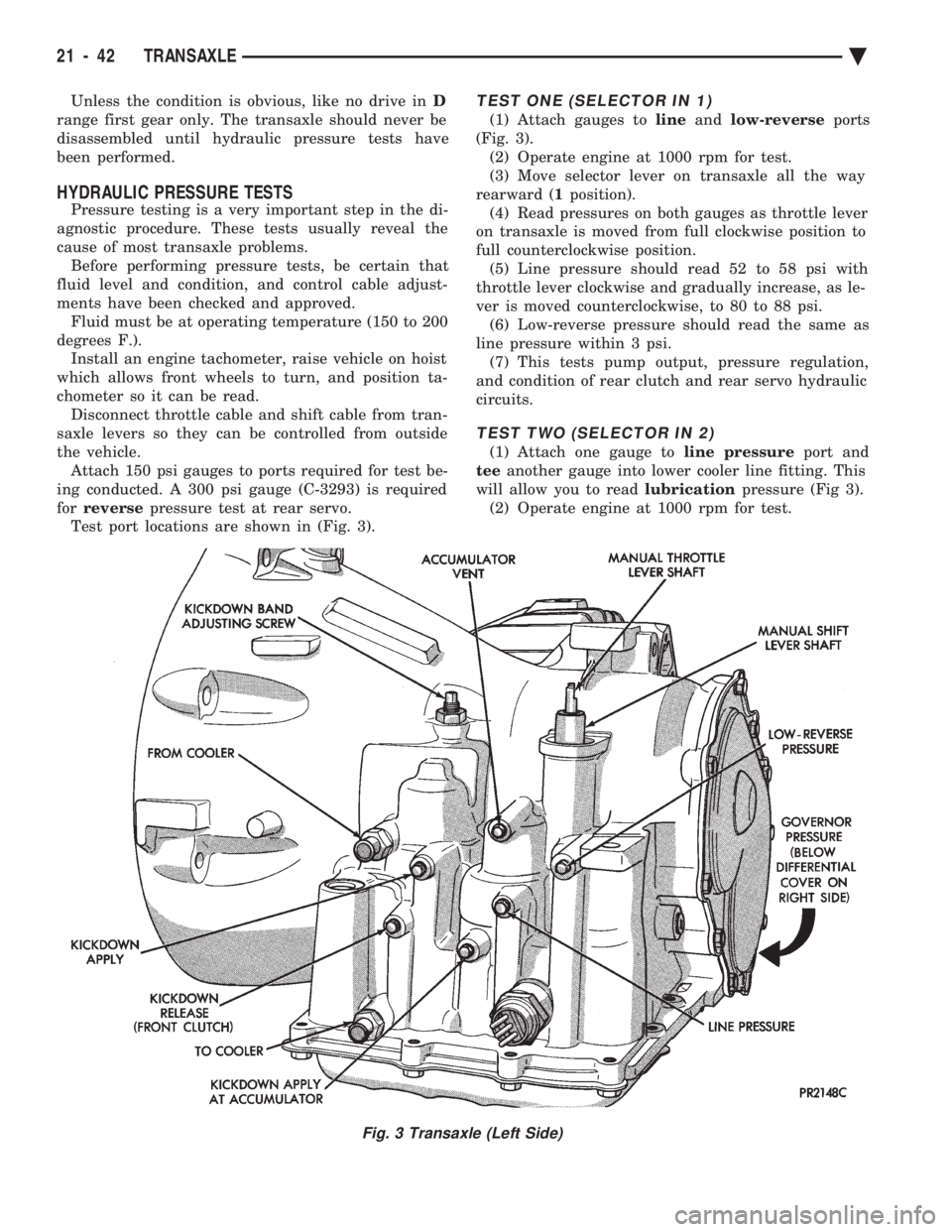CHEVROLET PLYMOUTH ACCLAIM 1993 Service Manual Unless the condition is obvious, like no drive in D
range first gear only. The transaxle should never be
disassembled until hydraulic pressure tests have
been performed.
HYDRAULIC PRESSURE TESTS
Pres CHEVROLET PLYMOUTH ACCLAIM 1993 Service Manual Unless the condition is obvious, like no drive in D
range first gear only. The transaxle should never be
disassembled until hydraulic pressure tests have
been performed.
HYDRAULIC PRESSURE TESTS
Pres