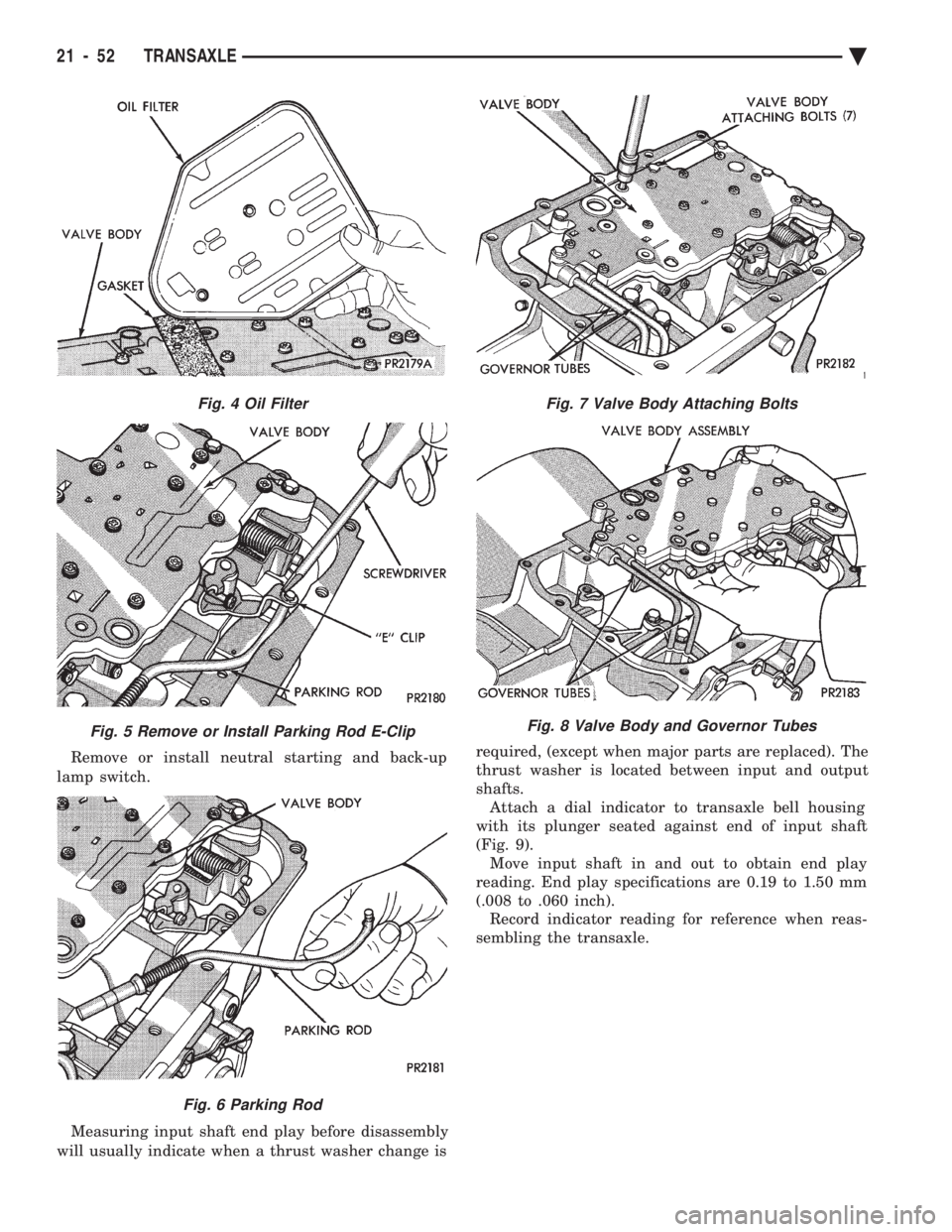 CHEVROLET PLYMOUTH ACCLAIM 1993  Service Manual Remove or install neutral starting and back-up 
lamp switch. 
Measuring input shaft end play before disassembly 
will usually indicate when a thrust washer change is  required, (except when major part