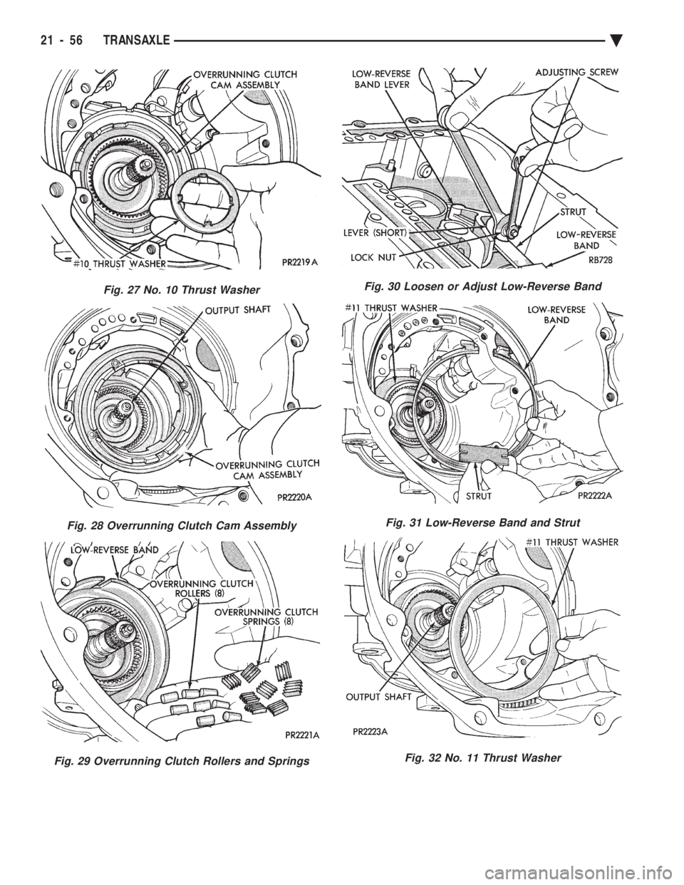 CHEVROLET PLYMOUTH ACCLAIM 1993  Service Manual Fig. 27 No. 10 Thrust Washer
Fig. 28 Overrunning Clutch Cam Assembly
Fig. 29 Overrunning Clutch Rollers and Springs
Fig. 30 Loosen or Adjust Low-Reverse Band
Fig. 31 Low-Reverse Band and Strut
Fig. 32