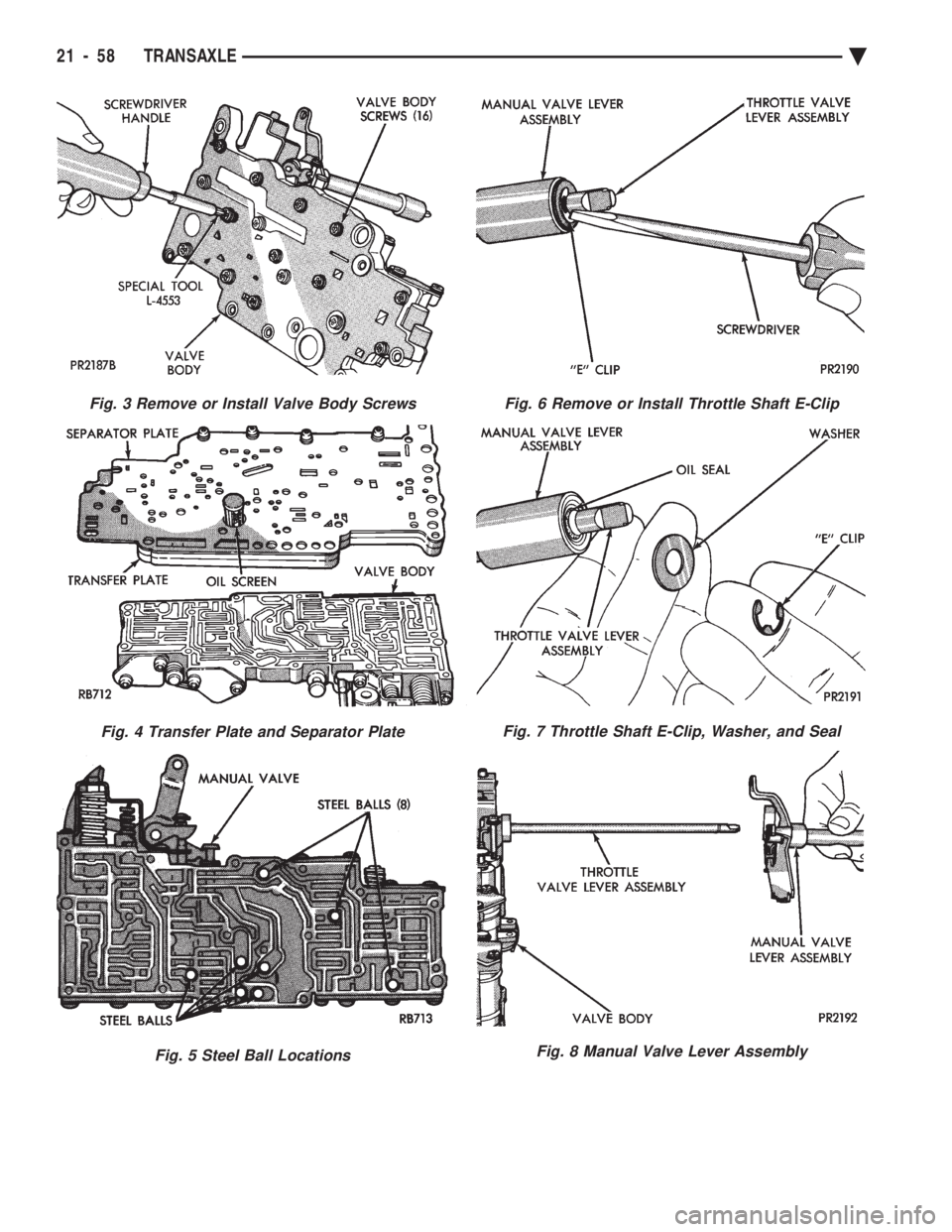 CHEVROLET PLYMOUTH ACCLAIM 1993  Service Manual Fig. 3 Remove or Install Valve Body Screws
Fig. 4 Transfer Plate and Separator Plate
Fig. 5 Steel Ball Locations
Fig. 6 Remove or Install Throttle Shaft E-Clip
Fig. 7 Throttle Shaft E-Clip, Washer, an
