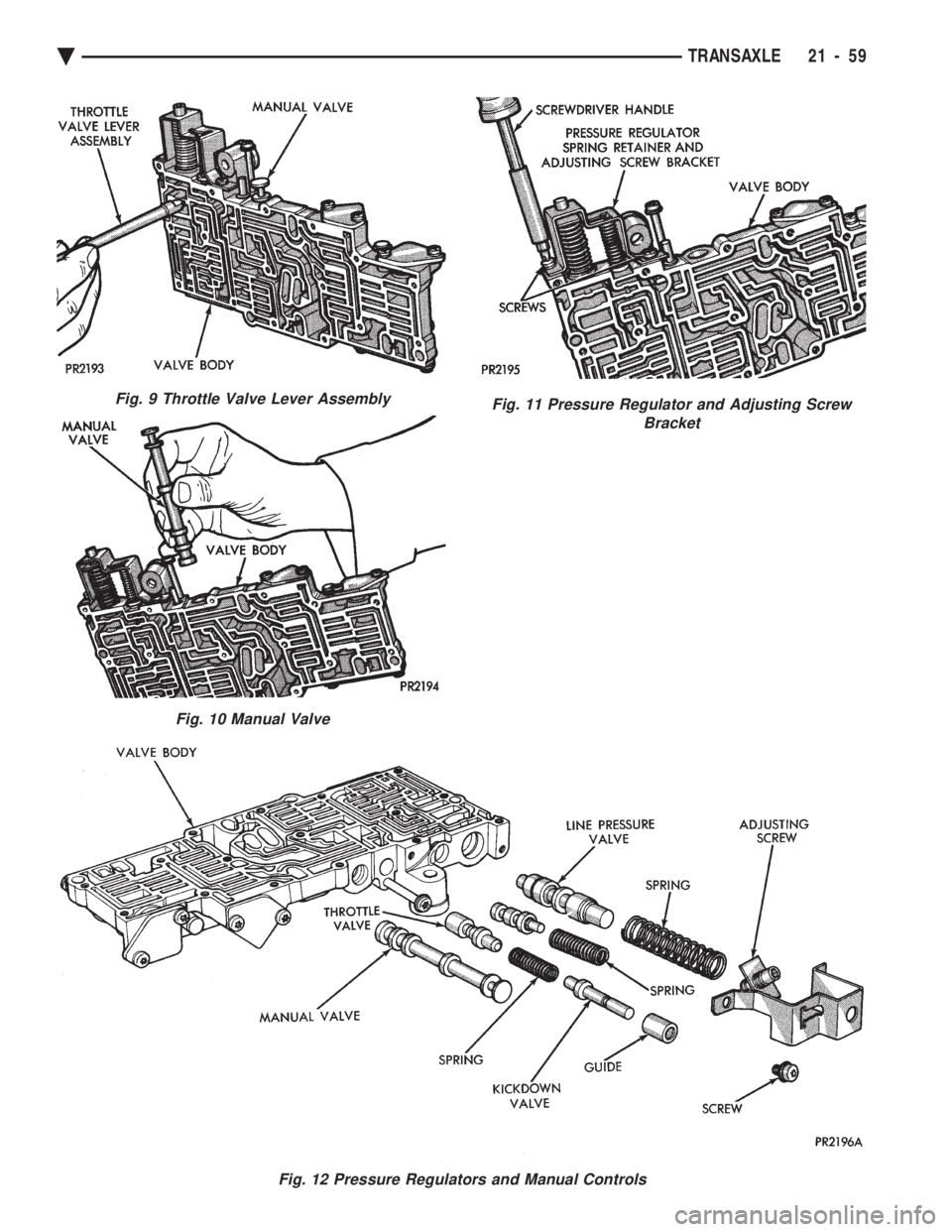 CHEVROLET PLYMOUTH ACCLAIM 1993  Service Manual Fig. 9 Throttle Valve Lever Assembly
Fig. 10 Manual Valve
Fig. 11 Pressure Regulator and Adjusting Screw Bracket
Fig. 12 Pressure Regulators and Manual Controls
Ä  TRANSAXLE 21 - 59 