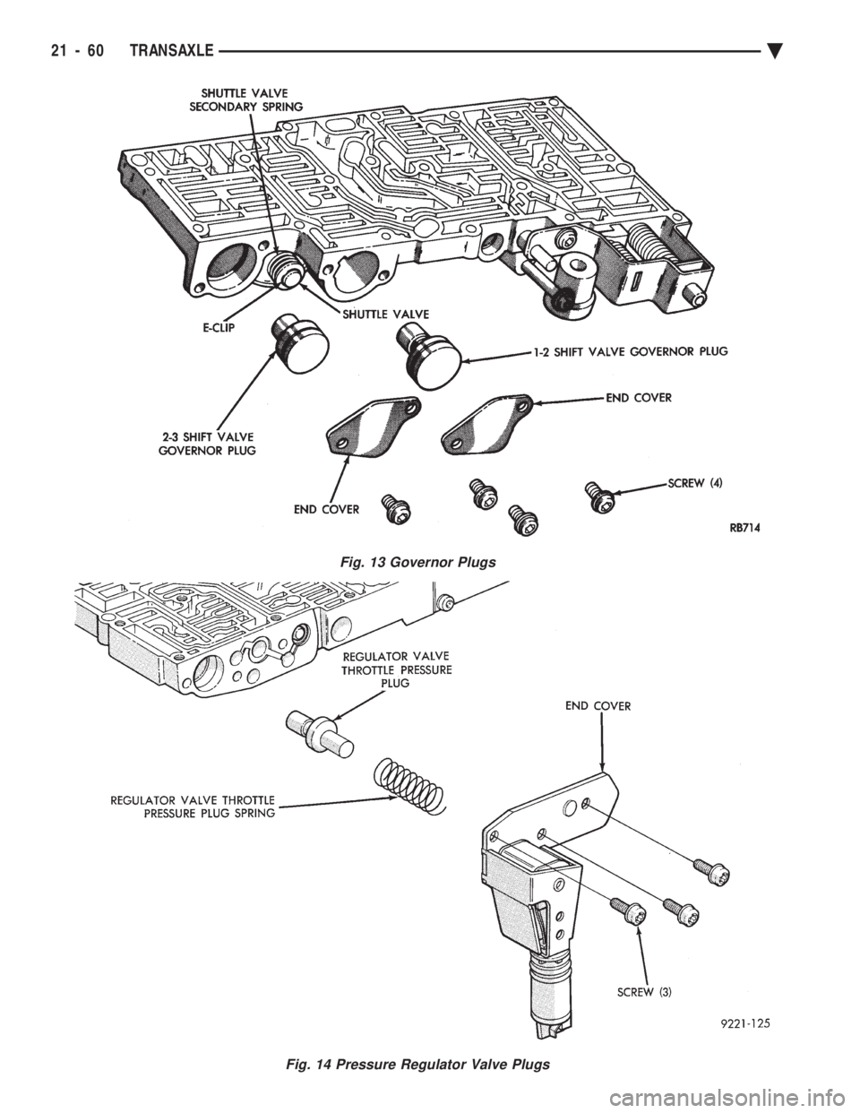 CHEVROLET PLYMOUTH ACCLAIM 1993  Service Manual Fig. 13 Governor Plugs
Fig. 14 Pressure Regulator Valve Plugs
21 - 60 TRANSAXLE Ä 
