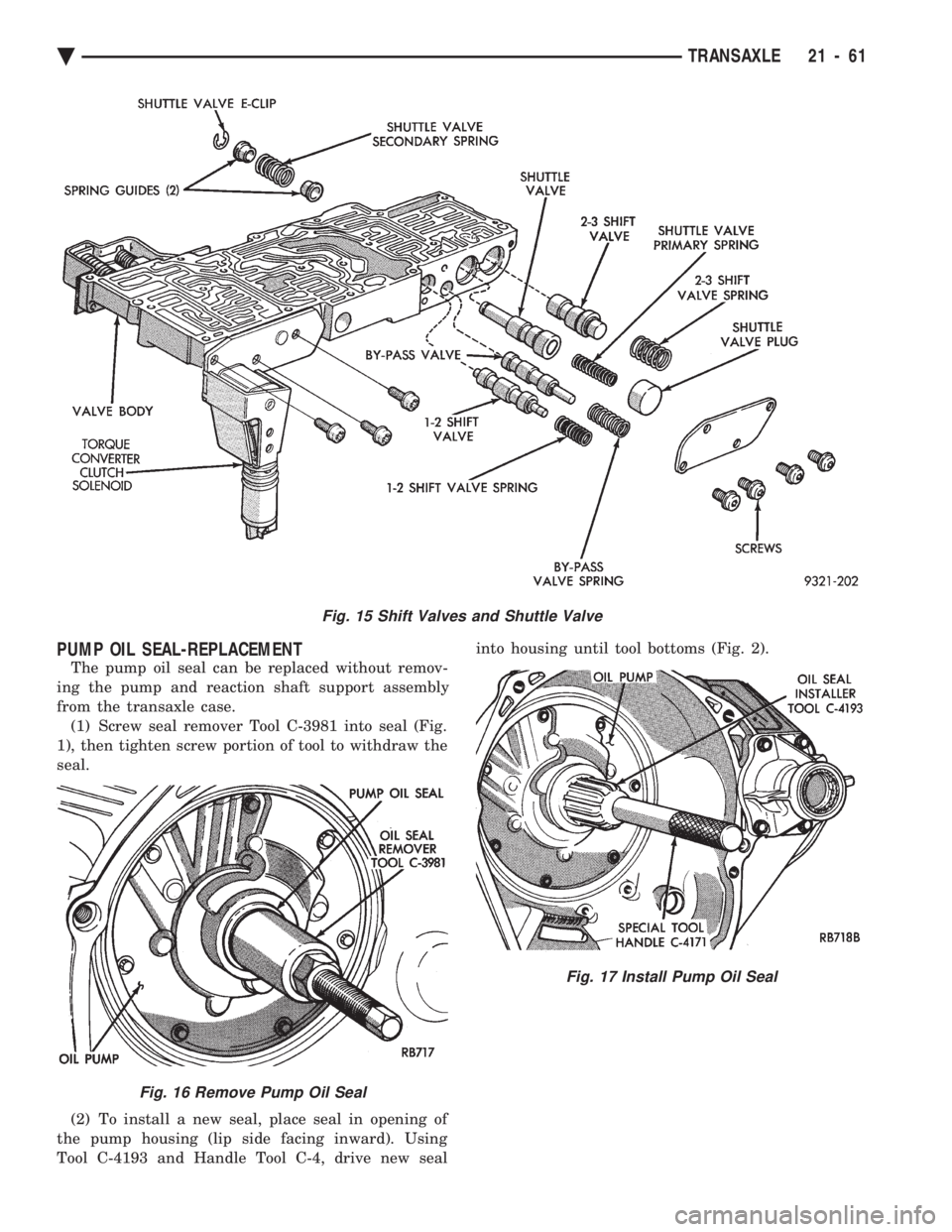 CHEVROLET PLYMOUTH ACCLAIM 1993  Service Manual PUMP OIL SEAL-REPLACEMENT
The pump oil seal can be replaced without remov- 
ing the pump and reaction shaft support assembly
from the transaxle case. (1) Screw seal remover Tool C-3981 into seal (Fig.