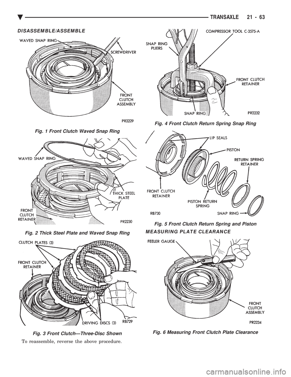 CHEVROLET PLYMOUTH ACCLAIM 1993  Service Manual DISASSEMBLE/ASSEMBLE
To reassemble, reverse the above procedure.
MEASURING PLATE CLEARANCE
Fig. 1 Front Clutch Waved Snap Ring
Fig. 2 Thick Steel Plate and Waved Snap Ring
Fig. 3 Front ClutchÐThree-D