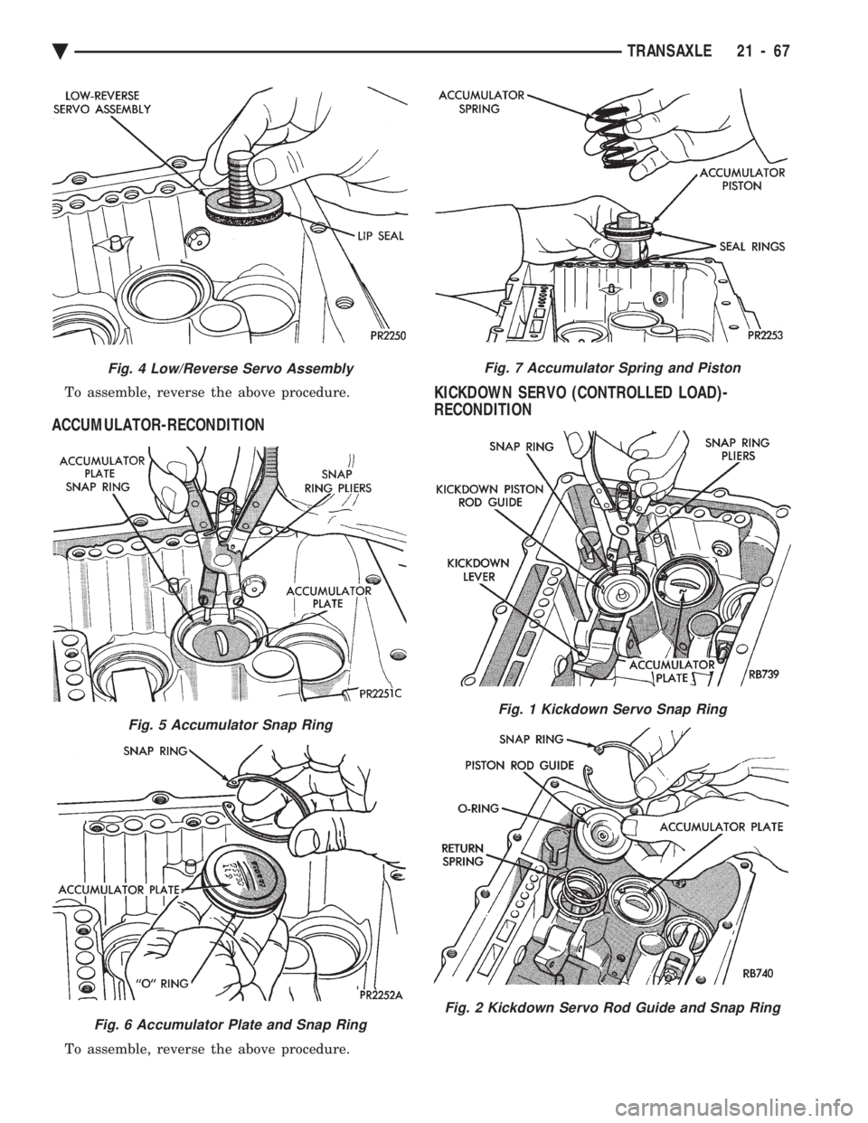 CHEVROLET PLYMOUTH ACCLAIM 1993  Service Manual To assemble, reverse the above procedure.
ACCUMULATOR-RECONDITION
To assemble, reverse the above procedure.
KICKDOWN SERVO (CONTROLLED LOAD)- 
RECONDITION
Fig. 4 Low/Reverse Servo Assembly
Fig. 5 Accu
