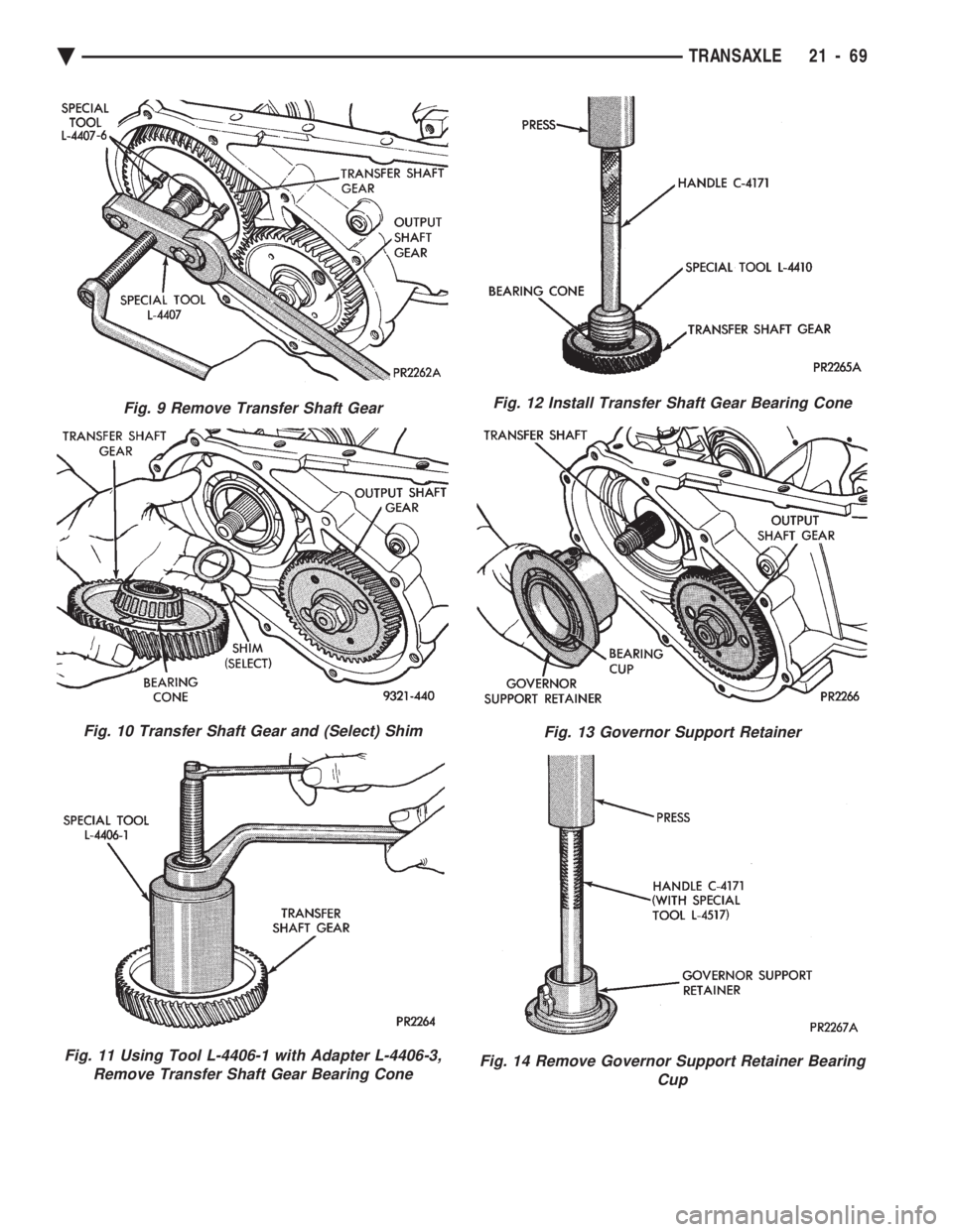 CHEVROLET PLYMOUTH ACCLAIM 1993  Service Manual Fig. 9 Remove Transfer Shaft Gear
Fig. 10 Transfer Shaft Gear and (Select) Shim
Fig. 11 Using Tool L-4406-1 with Adapter L-4406-3, Remove Transfer Shaft Gear Bearing Cone
Fig. 12 Install Transfer Shaf