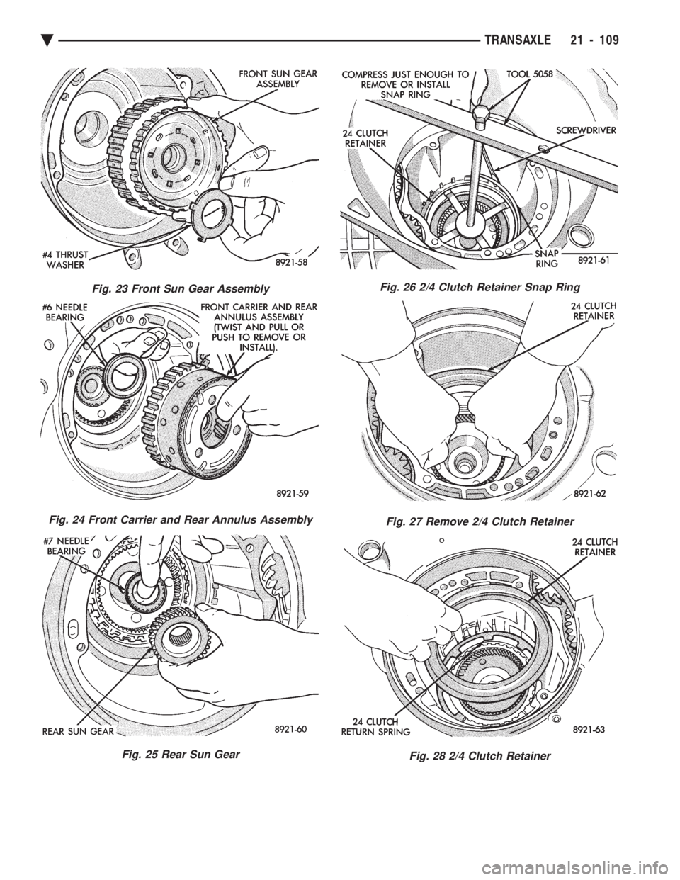 CHEVROLET PLYMOUTH ACCLAIM 1993 Service Manual Fig. 23 Front Sun Gear Assembly
Fig. 24 Front Carrier and Rear Annulus Assembly
Fig. 25 Rear Sun Gear
Fig. 26 2/4 Clutch Retainer Snap Ring
Fig. 27 Remove 2/4 Clutch Retainer
Fig. 28 2/4 Clutch Retain CHEVROLET PLYMOUTH ACCLAIM 1993 Service Manual Fig. 23 Front Sun Gear Assembly
Fig. 24 Front Carrier and Rear Annulus Assembly
Fig. 25 Rear Sun Gear
Fig. 26 2/4 Clutch Retainer Snap Ring
Fig. 27 Remove 2/4 Clutch Retainer
Fig. 28 2/4 Clutch Retain