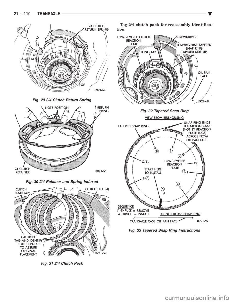 CHEVROLET PLYMOUTH ACCLAIM 1993 Service Manual Tag 2/4 clutch pack for reassembly identifica-
tion.
Fig. 29 2/4 Clutch Return Spring
Fig. 30 2/4 Retainer and Spring Indexed
Fig. 31 2/4 Clutch Pack
Fig. 32 Tapered Snap Ring
Fig. 33 Tapered Snap Ri CHEVROLET PLYMOUTH ACCLAIM 1993 Service Manual Tag 2/4 clutch pack for reassembly identifica-
tion.
Fig. 29 2/4 Clutch Return Spring
Fig. 30 2/4 Retainer and Spring Indexed
Fig. 31 2/4 Clutch Pack
Fig. 32 Tapered Snap Ring
Fig. 33 Tapered Snap Ri