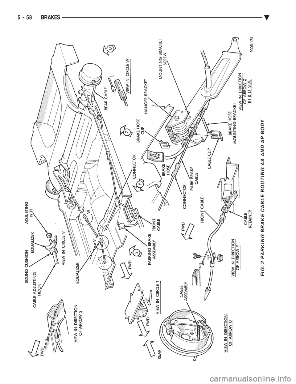 CHEVROLET PLYMOUTH ACCLAIM 1993 Service Manual FIG. 2 PARKING BRAKE CABLE ROUTING AA AND AP BODY
5 - 58 BRAKES Ä CHEVROLET PLYMOUTH ACCLAIM 1993 Service Manual FIG. 2 PARKING BRAKE CABLE ROUTING AA AND AP BODY
5 - 58 BRAKES Ä