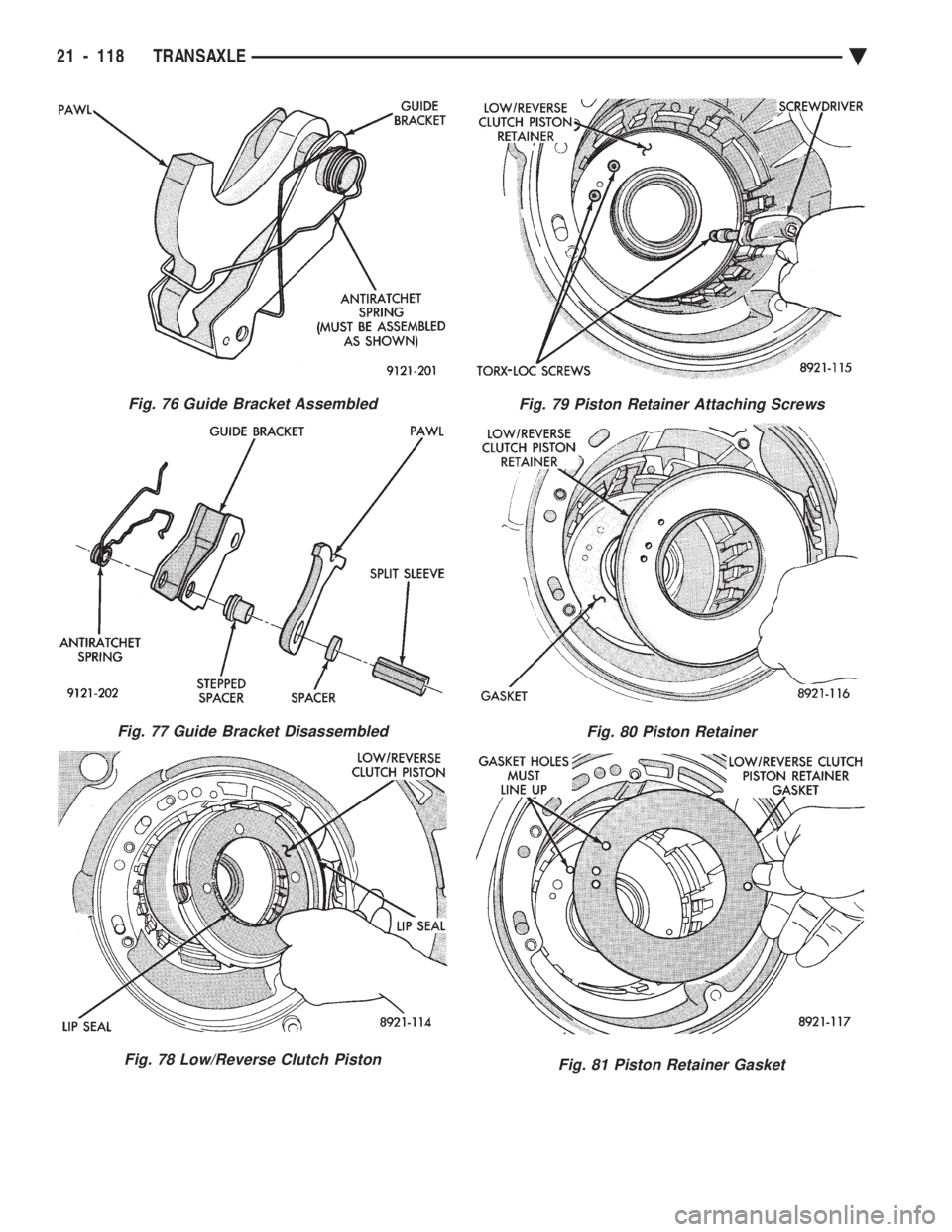 CHEVROLET PLYMOUTH ACCLAIM 1993  Service Manual Fig. 76 Guide Bracket Assembled
Fig. 77 Guide Bracket Disassembled
Fig. 78 Low/Reverse Clutch Piston
Fig. 79 Piston Retainer Attaching Screws
Fig. 80 Piston Retainer
Fig. 81 Piston Retainer Gasket
21 