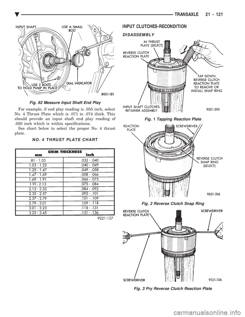 CHEVROLET PLYMOUTH ACCLAIM 1993  Service Manual For example, if end play reading is .055 inch, select 
No. 4 Thrust Plate which is .071 to .074 thick. This
should provide an input shaft end play reading of
.020 inch which is within specifications. 