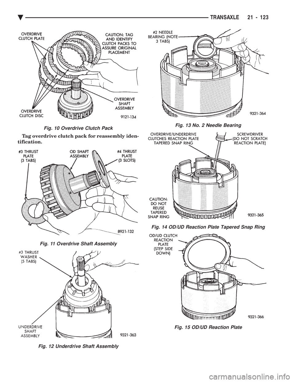 CHEVROLET PLYMOUTH ACCLAIM 1993  Service Manual Tag overdrive clutch pack for reassembly iden- 
tification.
Fig. 13 No. 2 Needle Bearing
Fig. 14 OD/UD Reaction Plate Tapered Snap Ring
Fig. 15 OD/UD Reaction Plate
Fig. 10 Overdrive Clutch Pack
Fig. 