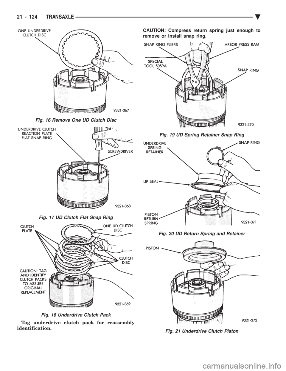 CHEVROLET PLYMOUTH ACCLAIM 1993  Service Manual Tag underdrive clutch pack for reassembly 
identification.  CAUTION: Compress return spring just enough to 
remove or install snap ring.
Fig. 19 UD Spring Retainer Snap Ring
Fig. 20 UD Return Spring a
