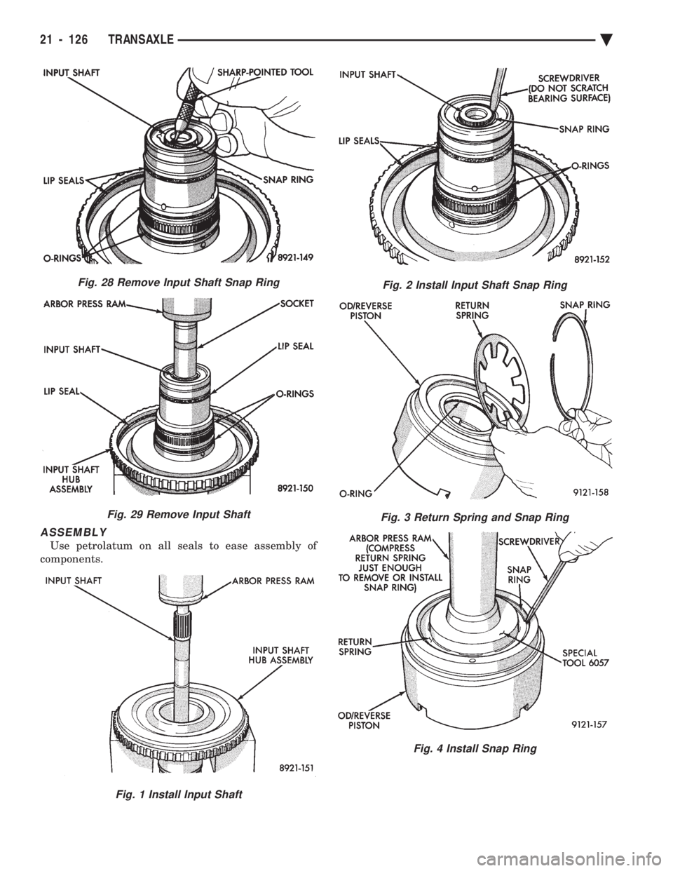 CHEVROLET PLYMOUTH ACCLAIM 1993  Service Manual ASSEMBLY
Use petrolatum on all seals to ease assembly of 
components.
Fig. 28 Remove Input Shaft Snap Ring
Fig. 29 Remove Input Shaft
Fig. 1 Install Input Shaft
Fig. 2 Install Input Shaft Snap Ring
Fi