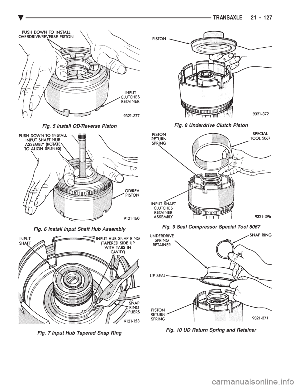 CHEVROLET PLYMOUTH ACCLAIM 1993  Service Manual Fig. 5 Install OD/Reverse Piston
Fig. 6 Install Input Shaft Hub Assembly
Fig. 7 Input Hub Tapered Snap Ring
Fig. 8 Underdrive Clutch Piston
Fig. 9 Seal Compressor Special Tool 5067
Fig. 10 UD Return S