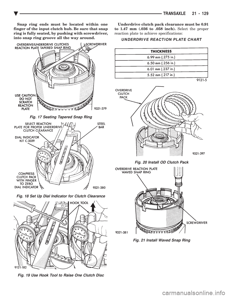 CHEVROLET PLYMOUTH ACCLAIM 1993  Service Manual Snap ring ends must be located within one 
finger of the input clutch hub. Be sure that snap
ring is fully seated, by pushing with screwdriver,
into snap ring groove all the way around.  Underdrive cl