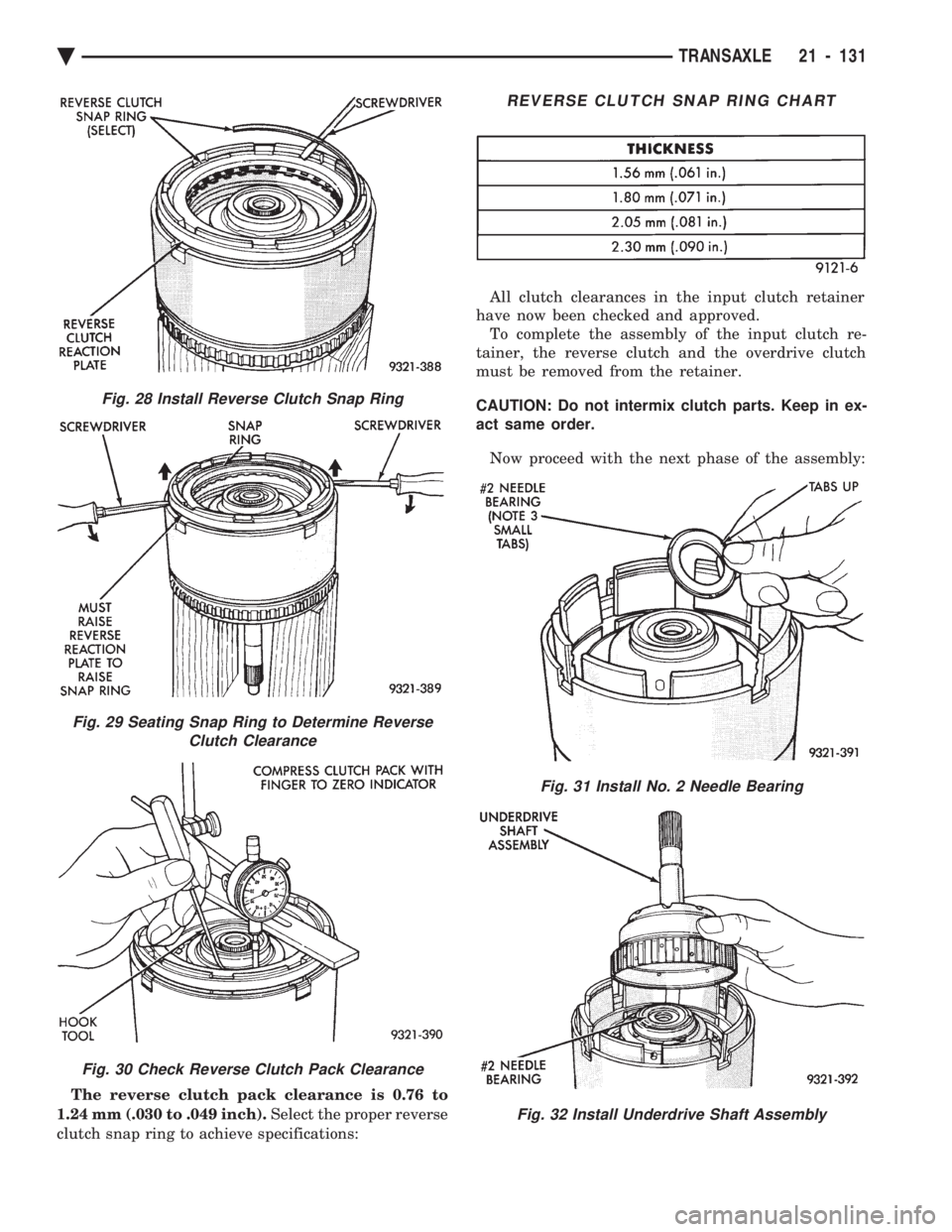 CHEVROLET PLYMOUTH ACCLAIM 1993  Service Manual The reverse clutch pack clearance is 0.76 to 
1.24 mm (.030 to .049 inch).  Select the proper reverse 
clutch snap ring to achieve specifications:  All clutch clearances in the input clutch retainer 
