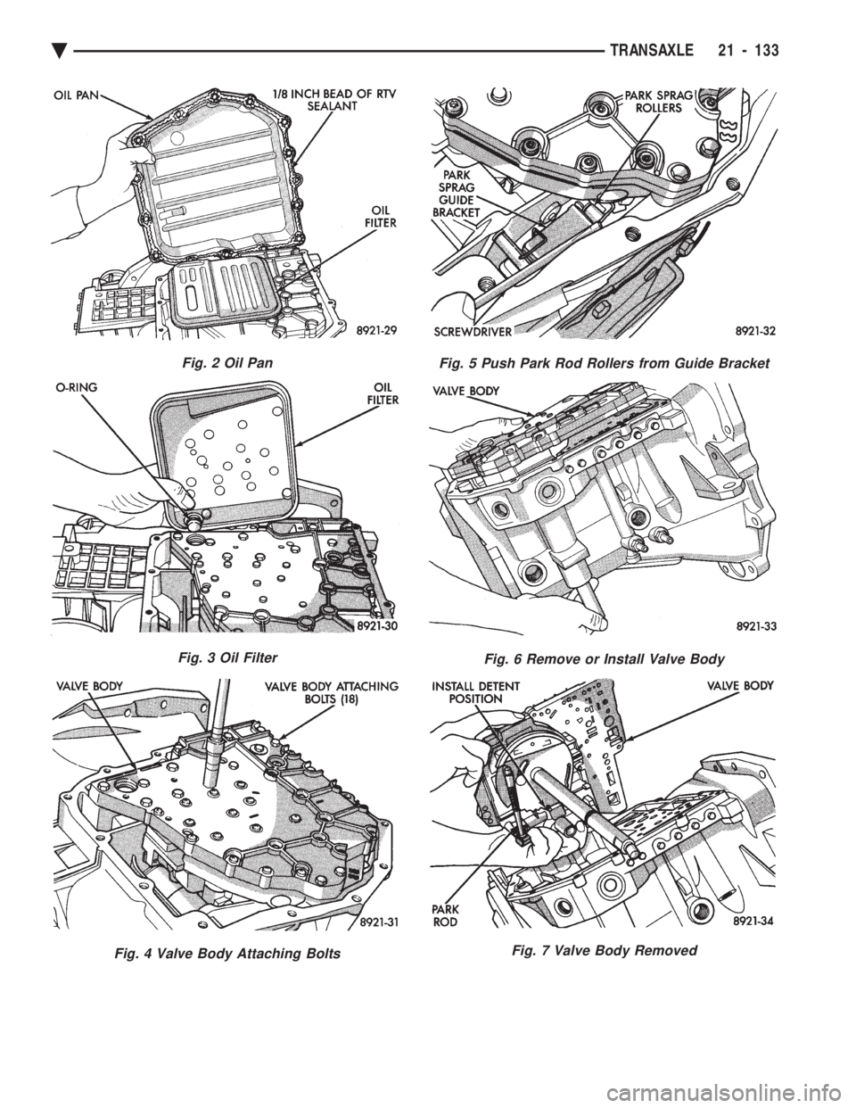 CHEVROLET PLYMOUTH ACCLAIM 1993  Service Manual Fig. 2 Oil Pan
Fig. 3 Oil Filter
Fig. 4 Valve Body Attaching Bolts
Fig. 5 Push Park Rod Rollers from Guide Bracket
Fig. 6 Remove or Install Valve Body
Fig. 7 Valve Body Removed
Ä TRANSAXLE 21 - 133 