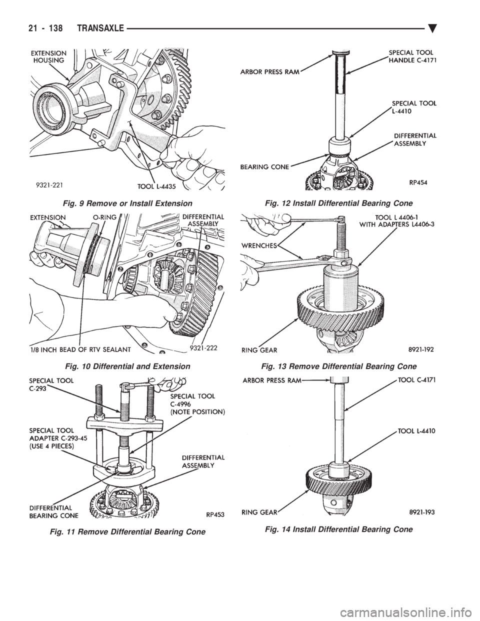 CHEVROLET PLYMOUTH ACCLAIM 1993  Service Manual Fig. 9 Remove or Install Extension
Fig. 10 Differential and Extension
Fig. 11 Remove Differential Bearing Cone
Fig. 12 Install Differential Bearing Cone
Fig. 13 Remove Differential Bearing Cone
Fig. 1