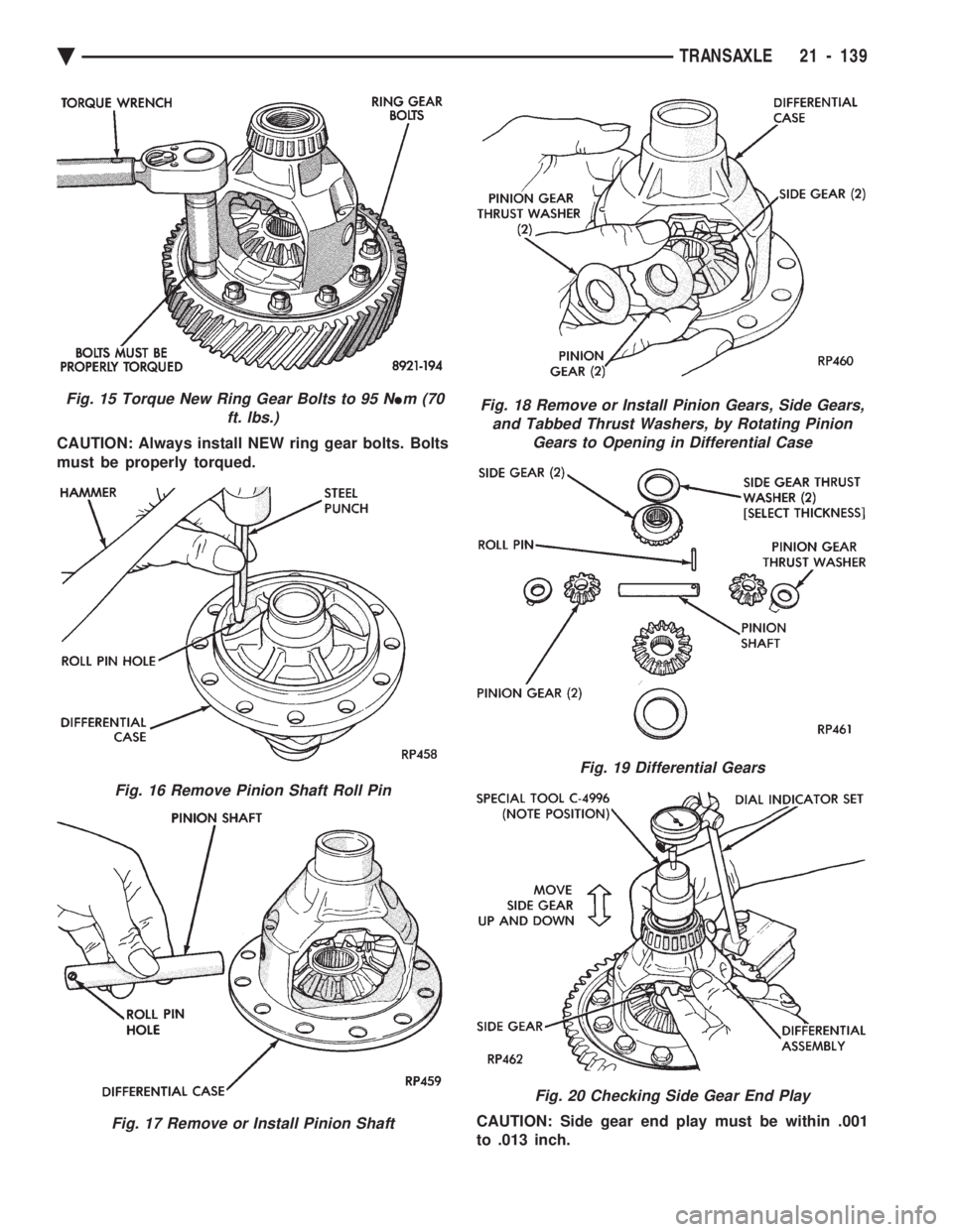 CHEVROLET PLYMOUTH ACCLAIM 1993  Service Manual CAUTION: Always install NEW ring gear bolts. Bolts 
must be properly torqued. CAUTION: Side gear end play must be within .001 
to .013 inch.
Fig. 15 Torque New Ring Gear Bolts to 95 NIm (70
ft. lbs.)
