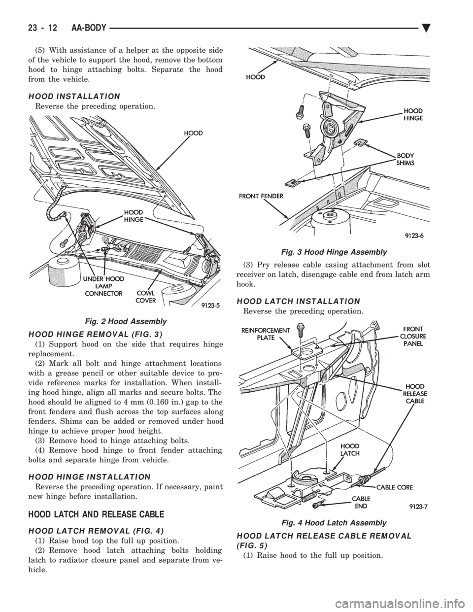 CHEVROLET PLYMOUTH ACCLAIM 1993 Service Manual (5) With assistance of a helper at the opposite side
of the vehicle to support the hood, remove the bottom
hood to hinge attaching bolts. Separate the hood
from the vehicle.
HOOD INSTALLATION
Reverse CHEVROLET PLYMOUTH ACCLAIM 1993 Service Manual (5) With assistance of a helper at the opposite side
of the vehicle to support the hood, remove the bottom
hood to hinge attaching bolts. Separate the hood
from the vehicle.
HOOD INSTALLATION
Reverse