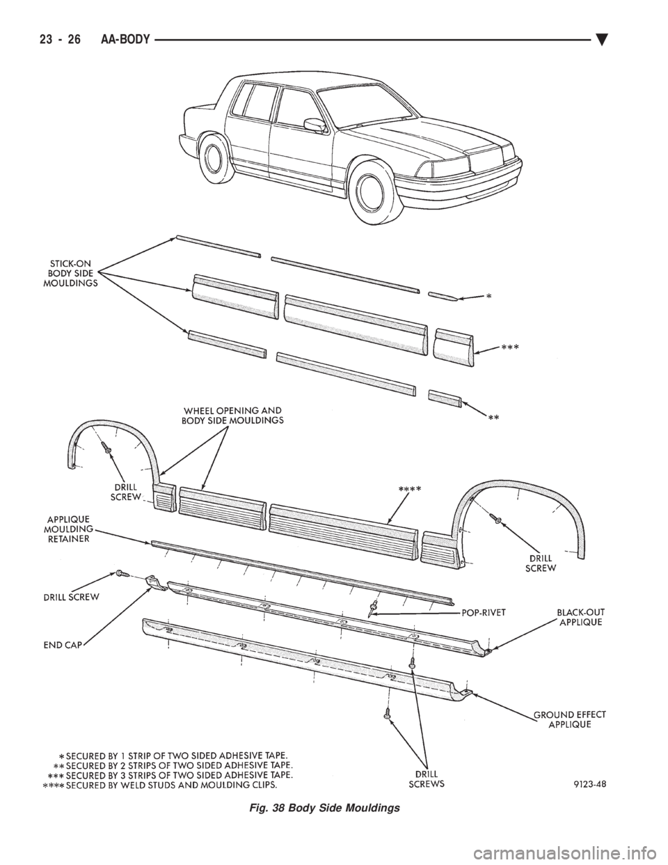 CHEVROLET PLYMOUTH ACCLAIM 1993 Service Manual Fig. 38 Body Side Mouldings
23 - 26 AA-BODY Ä CHEVROLET PLYMOUTH ACCLAIM 1993 Service Manual Fig. 38 Body Side Mouldings
23 - 26 AA-BODY Ä