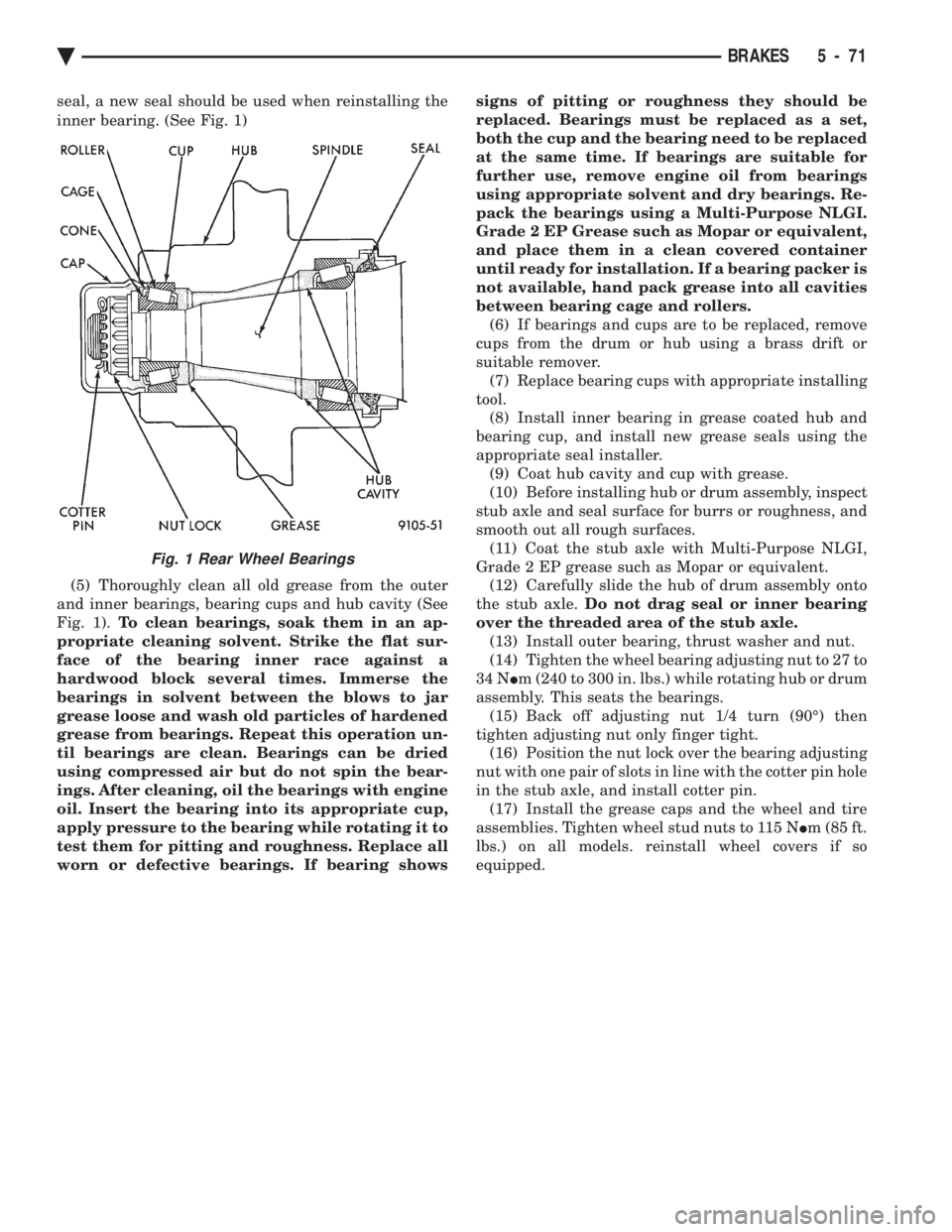 CHEVROLET PLYMOUTH ACCLAIM 1993  Service Manual seal, a new seal should be used when reinstalling the 
inner bearing. (See Fig. 1) (5) Thoroughly clean all old grease from the outer 
and inner bearings, bearing cups and hub cavity (See
Fig. 1).  To