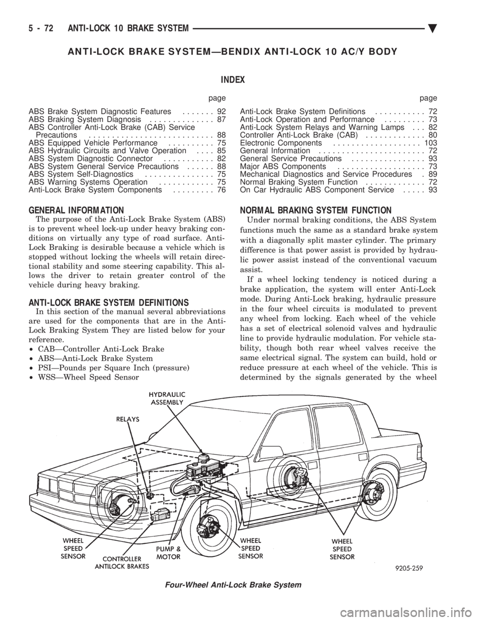 CHEVROLET PLYMOUTH ACCLAIM 1993 Service Manual ANTI-LOCK BRAKE SYSTEMÐBENDIX ANTI-LOCK 10 AC/Y BODY INDEX
page page
ABS Brake System Diagnostic Features ....... 92
ABS Braking System Diagnosis .............. 87
ABS Controller Anti-Lock Brake CHEVROLET PLYMOUTH ACCLAIM 1993 Service Manual ANTI-LOCK BRAKE SYSTEMÐBENDIX ANTI-LOCK 10 AC/Y BODY INDEX
page page
ABS Brake System Diagnostic Features ....... 92
ABS Braking System Diagnosis .............. 87
ABS Controller Anti-Lock Brake