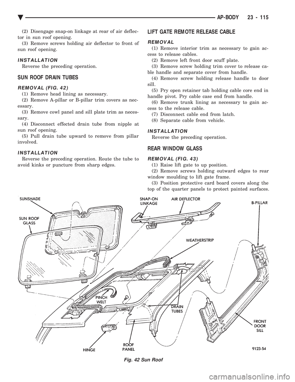 CHEVROLET PLYMOUTH ACCLAIM 1993  Service Manual (2) Disengage snap-on linkage at rear of air deflec- 
tor in sun roof opening. (3) Remove screws holding air deflector to front of
sun roof opening.
INSTALLATION
Reverse the preceding operation.
SUN R