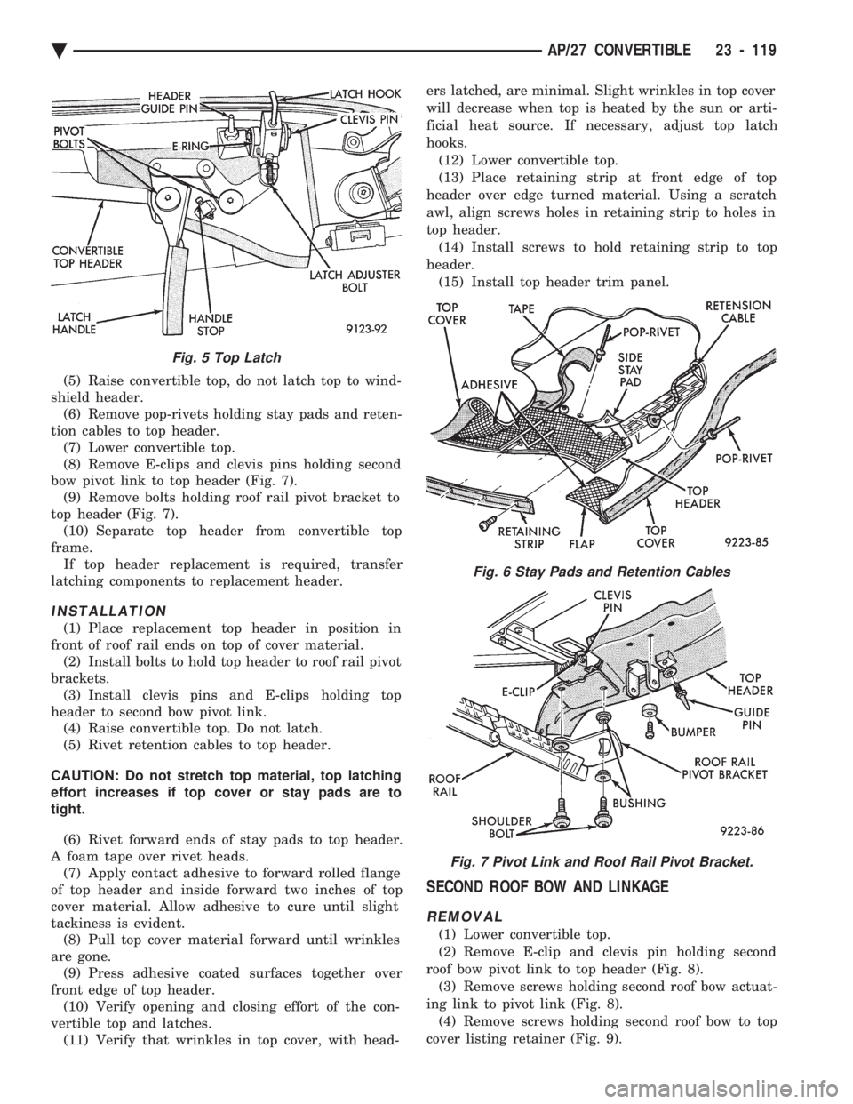 CHEVROLET PLYMOUTH ACCLAIM 1993  Service Manual (5) Raise convertible top, do not latch top to wind- 
shield header. (6) Remove pop-rivets holding stay pads and reten-
tion cables to top header. (7) Lower convertible top.
(8) Remove E-clips and cle