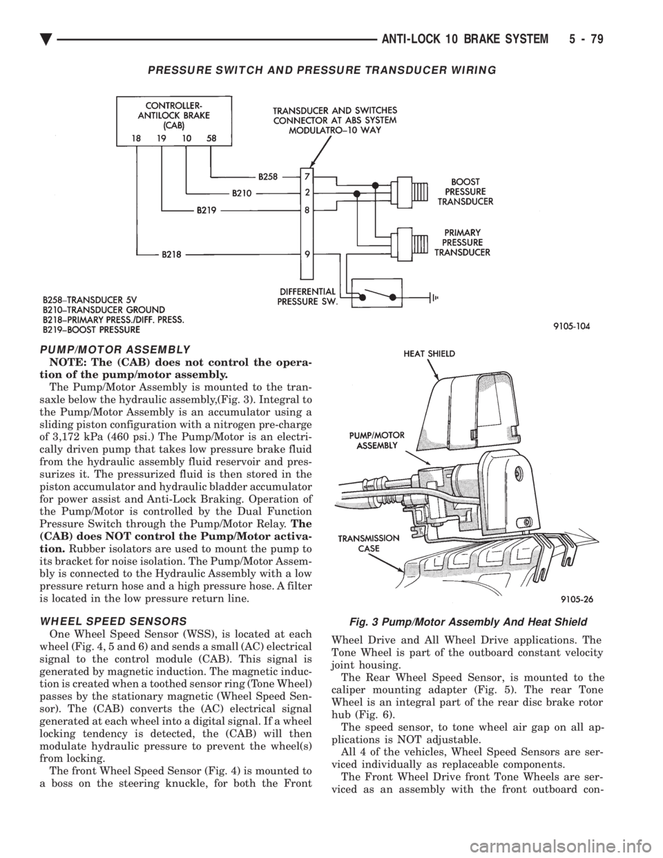 CHEVROLET PLYMOUTH ACCLAIM 1993 Service Manual PUMP/MOTOR ASSEMBLY
NOTE: The (CAB) does not control the opera-
tion of the pump/motor assembly. The Pump/Motor Assembly is mounted to the tran-
saxle below the hydraulic assembly,(Fig. 3). Integral CHEVROLET PLYMOUTH ACCLAIM 1993 Service Manual PUMP/MOTOR ASSEMBLY
NOTE: The (CAB) does not control the opera-
tion of the pump/motor assembly. The Pump/Motor Assembly is mounted to the tran-
saxle below the hydraulic assembly,(Fig. 3). Integral