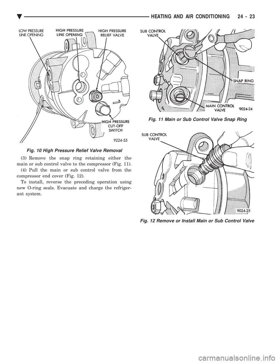 CHEVROLET PLYMOUTH ACCLAIM 1993 Service Manual (3) Remove the snap ring retaining either the
main or sub control valve to the compressor (Fig. 11). (4) Pull the main or sub control valve from the
compressor end cover (Fig. 12). To install, revers CHEVROLET PLYMOUTH ACCLAIM 1993 Service Manual (3) Remove the snap ring retaining either the
main or sub control valve to the compressor (Fig. 11). (4) Pull the main or sub control valve from the
compressor end cover (Fig. 12). To install, revers