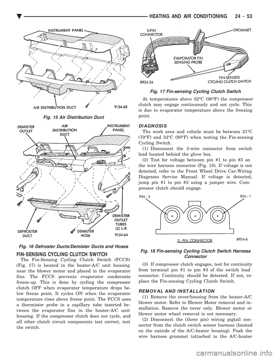 CHEVROLET PLYMOUTH ACCLAIM 1993 Service Manual FIN-SENSING CYCLING CLUTCH SWITCH
The Fin-Sensing Cycling Clutch Switch (FCCS)
(Fig. 17) is located in the heater-A/C unit housing
near the blower motor and placed in the evaporator
fins. The FCCS pr CHEVROLET PLYMOUTH ACCLAIM 1993 Service Manual FIN-SENSING CYCLING CLUTCH SWITCH
The Fin-Sensing Cycling Clutch Switch (FCCS)
(Fig. 17) is located in the heater-A/C unit housing
near the blower motor and placed in the evaporator
fins. The FCCS pr