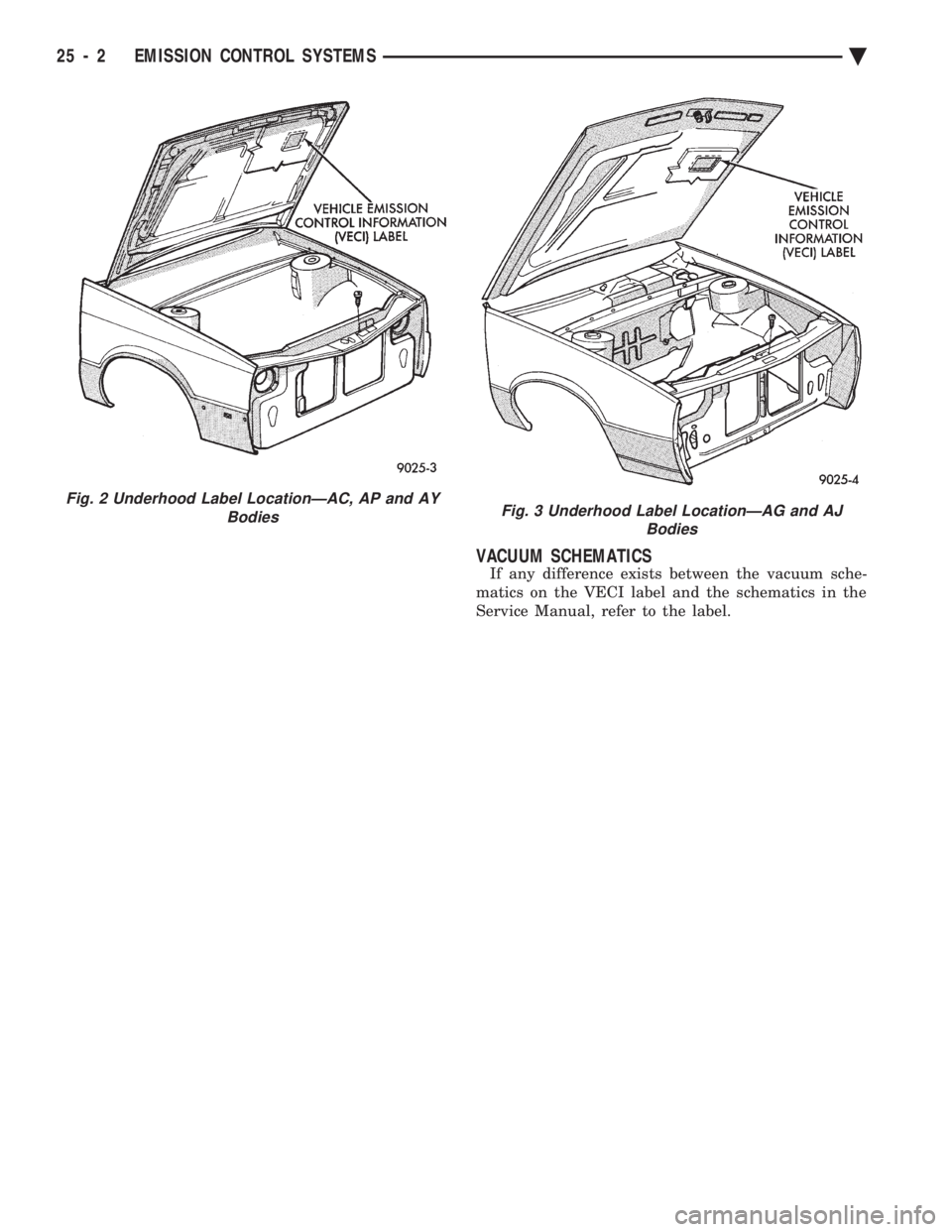 CHEVROLET PLYMOUTH ACCLAIM 1993 Service Manual VACUUM SCHEMATICS
If any difference exists between the vacuum sche-
matics on the VECI label and the schematics in the
Service Manual, refer to the label.
Fig. 2 Underhood Label LocationÐAC, AP and CHEVROLET PLYMOUTH ACCLAIM 1993 Service Manual VACUUM SCHEMATICS
If any difference exists between the vacuum sche-
matics on the VECI label and the schematics in the
Service Manual, refer to the label.
Fig. 2 Underhood Label LocationÐAC, AP and