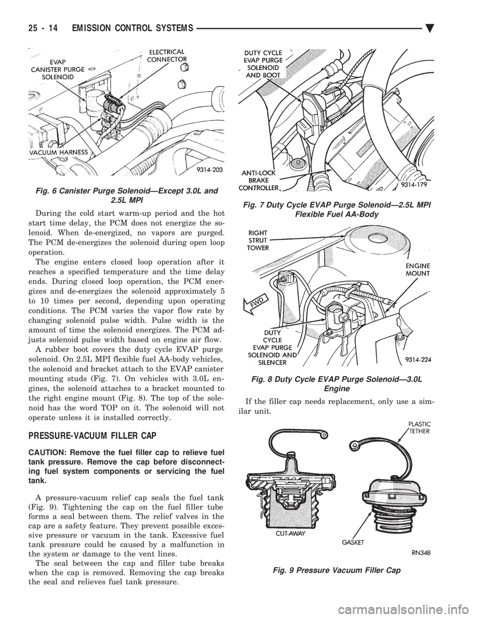 CHEVROLET PLYMOUTH ACCLAIM 1993  Service Manual During the cold start warm-up period and the hot 
start time delay, the PCM does not energize the so-
lenoid. When de-energized, no vapors are purged.
The PCM de-energizes the solenoid during open loo