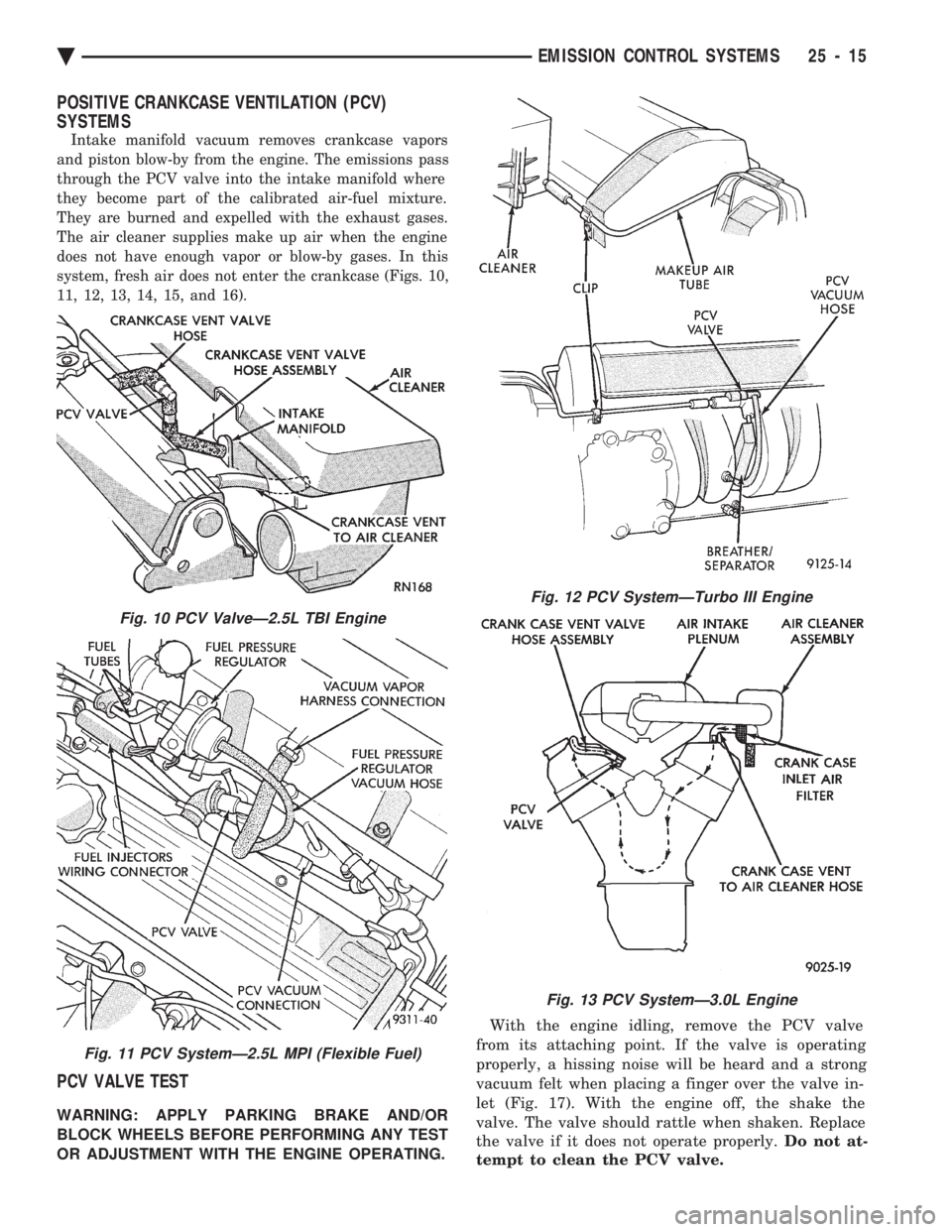 CHEVROLET PLYMOUTH ACCLAIM 1993  Service Manual POSITIVE CRANKCASE VENTILATION (PCV) 
SYSTEMS
Intake manifold vacuum removes crankcase vapors 
and piston blow-by from the engine. The emissions pass
through the PCV valve into the intake manifold whe