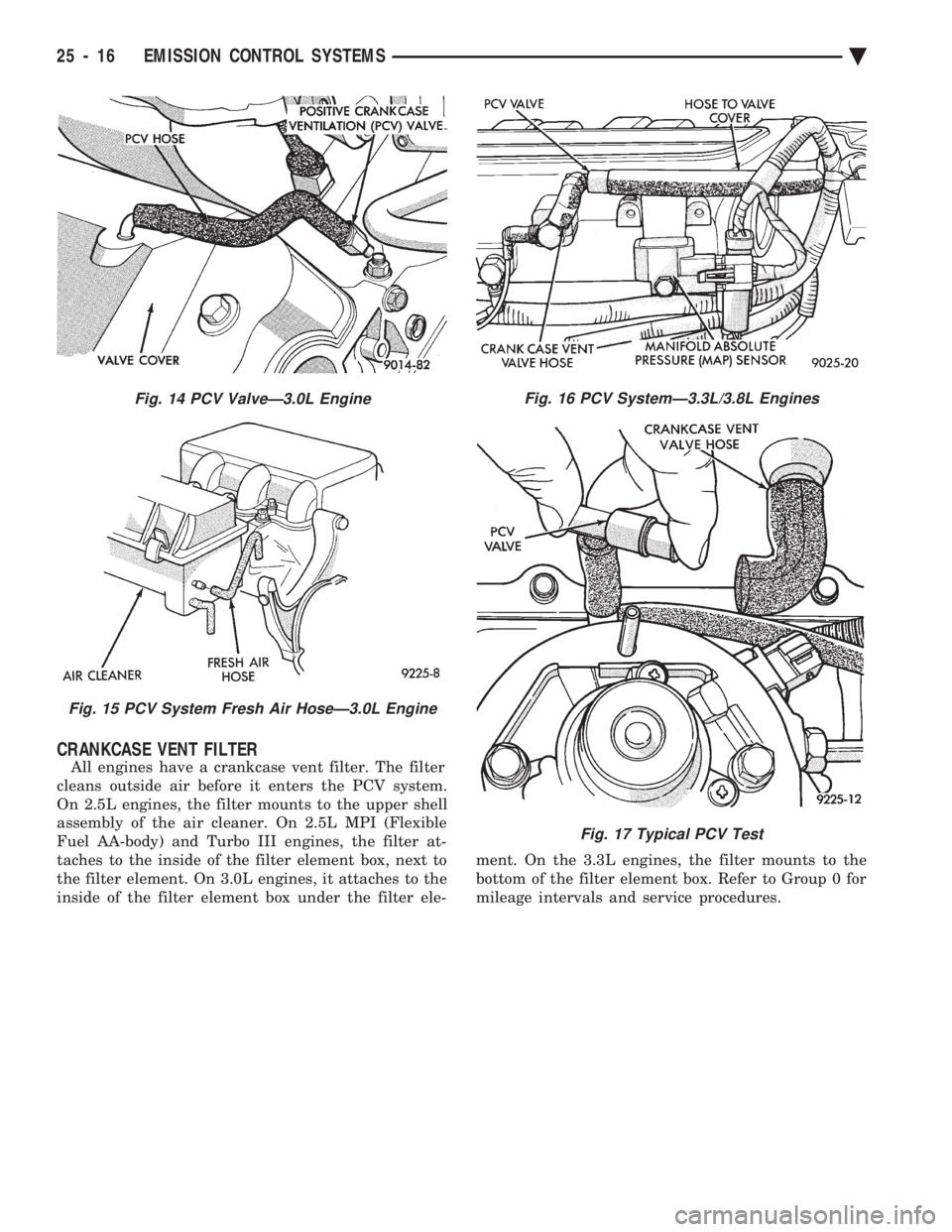 CHEVROLET PLYMOUTH ACCLAIM 1993  Service Manual CRANKCASE VENT FILTER
All engines have a crankcase vent filter. The filter 
cleans outside air before it enters the PCV system.
On 2.5L engines, the filter mounts to the upper shell
assembly of the ai